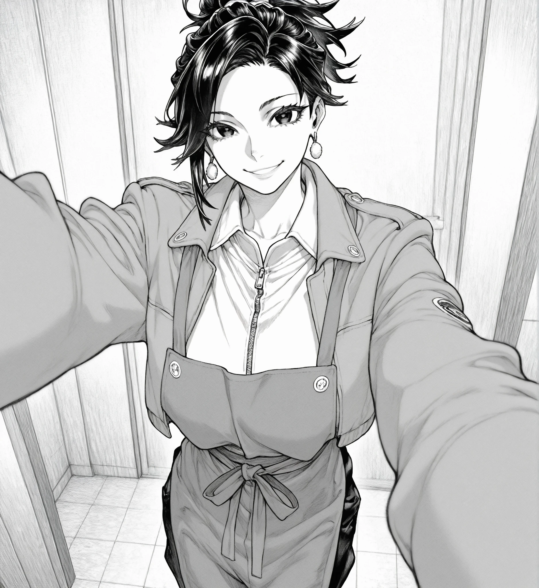 1girl, solo, v, smile, looking at viewer, selfie,
black hair, black eyes, short hair, ponytail, earrings, apron, jacket, collared jacket, white shirt, pants
masterpiece, best quality, atucag, monochrome, greyscale, rehlap