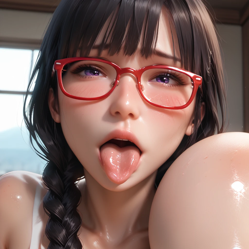 4K, ,Lens flare ,mascara, eyeliner, god rays, 4K, 8k, best quality, masterpiece, hyper detailed,(masterpiece:1.2, Highest quality), (Realistic, photoRealistic:1.4), Beautiful illustrations, (Natural Side Lighting, Cinema Lighting), Angry expressionでビューアーを見る, Front view:1.5, 1 girl,, Perfect Face, , Shiny skin, Swept-apart bangs, Dark brown eyes, Long Eyelashes, (Big Breasts:1.5,), Beautiful Hair, Beautiful Face, Beautiful fine details, Beautiful clavicle, Beautiful body, Beautiful breasts, Beautiful thighs, Beautiful feet, Beautiful fingers, ( Upward glance), ((Huge boobs:1.5)) 、 Female orgasm、(((Full nudity:1.5)))、Erotic、Climax、((Staring intently at the audience:1.7))、((Licking the head of the penis vigorously with a long, dripping tongue:1.5))、((ejaculation:1.7))、((Glasses:1.3))、((Completely naked:1.5)),((Angry expression:1.7)),((After being licked, a small, thin penis dripping with saliva is buried deep between her tits and given a titjob.:1.5)),,((Ultra-detailed, sexy tongue:1.5)),((Glowing skin with transparent oil:1.5)),Angry woman close up:1.5