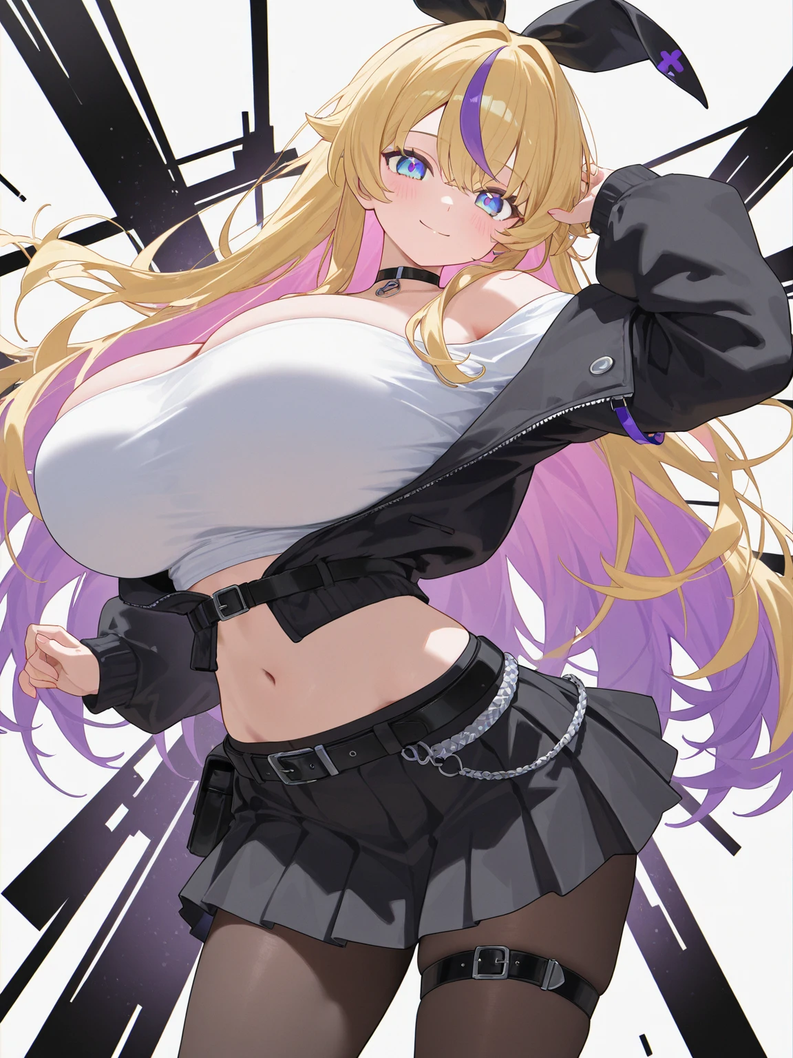 a beautiful blonde woman with white hair and a white jacket is depicted in front of a lot colorful things and an electronic background, scythe, long hair, holding, thighhighs, hair over one eye, breasts, 1girl, navel, hair ornament, jacket, pointy ears, nurse cap, skirt, holding scythe, black jacket, smile, open clothes, underwear