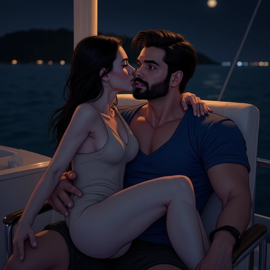 The man in his 45s with black very short hair and smooth face with moustache. The woman in her 45s with brown wavy long hair. The man is wearing an unbuttoned white shirt and black trousers. The woman is wearing a black strapless dress. They are on the beach. There is a campfire. Night, dark, dim. Missionary sex. The woman is moaning. Ultra realistic.