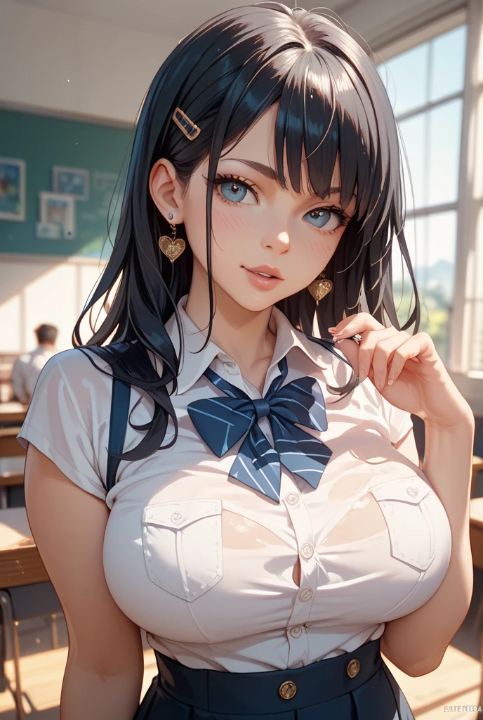 young woman in classroom, 28 years old nikki delano, leaning on desk, medium breasts, cleavage, pigtails, skirt, loose ((torn prices lots on topless show peel nipples)) with jeans legging and black suspender with (((half a white shirt underboobs))) wear((( bowtie black with white cuffs)))