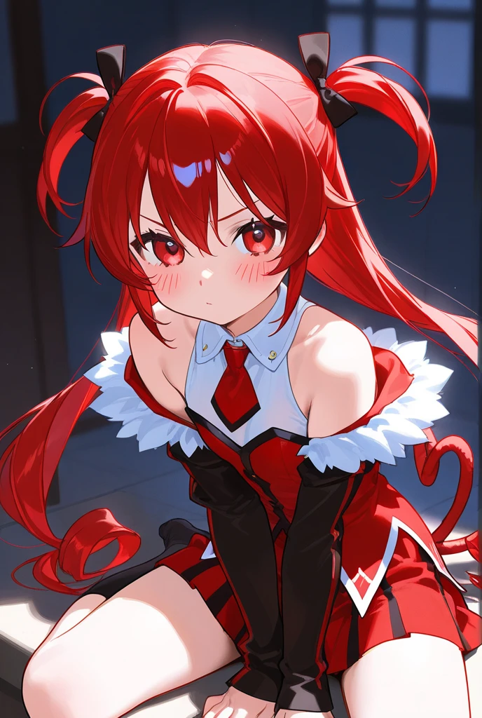Outrageous, Best Quality, 1girl, solo, red hair, purple eyes, long hair, big, ahBunny, bunny ears, red corset, gakuran, aprons, red neck ribbons, red skirt, hair bow, short sleeves, wrist cuffs, white thighs, jingle bells