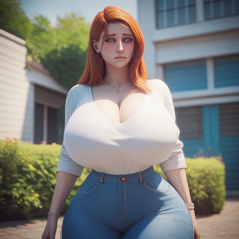 Mujer Araffe con un top blanco y pantalones rojos posando para una foto, Thicc, Figura completa hiperrealista, En el centro de Nueva York, hermosa hembra gruesa, en la ciudad, cuerpo grueso, gothic city streets behind her, Foto gigante de la diosa impresionante, La Madre Tierra de figura completa, Modelo atractivo de talla grande, Foto giganta muy detallada, De pie en Time Square parando un taxi, y un hombre observando de lejos