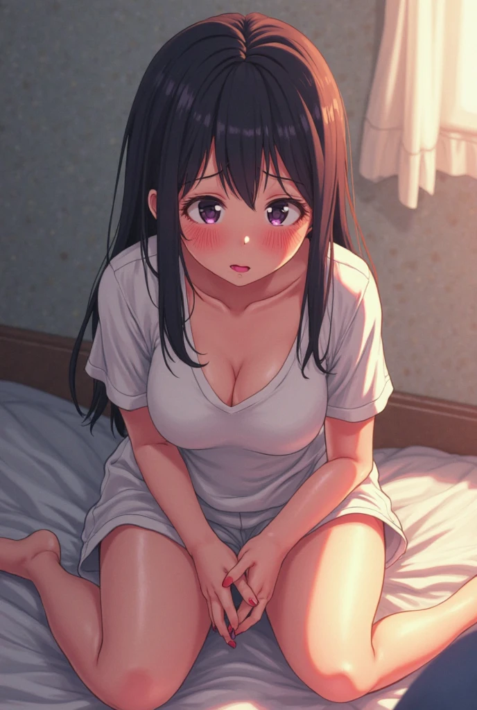 (highest resolution, distinct_image) The best quality, a woman, masterpiece, highly detailed, semi realistic, 21 years old, cute, young, beautiful, naked oversized t-shirt, shirt tug, collar on neck, indoors, modern bedroom, window, waking up, morning, blushing
