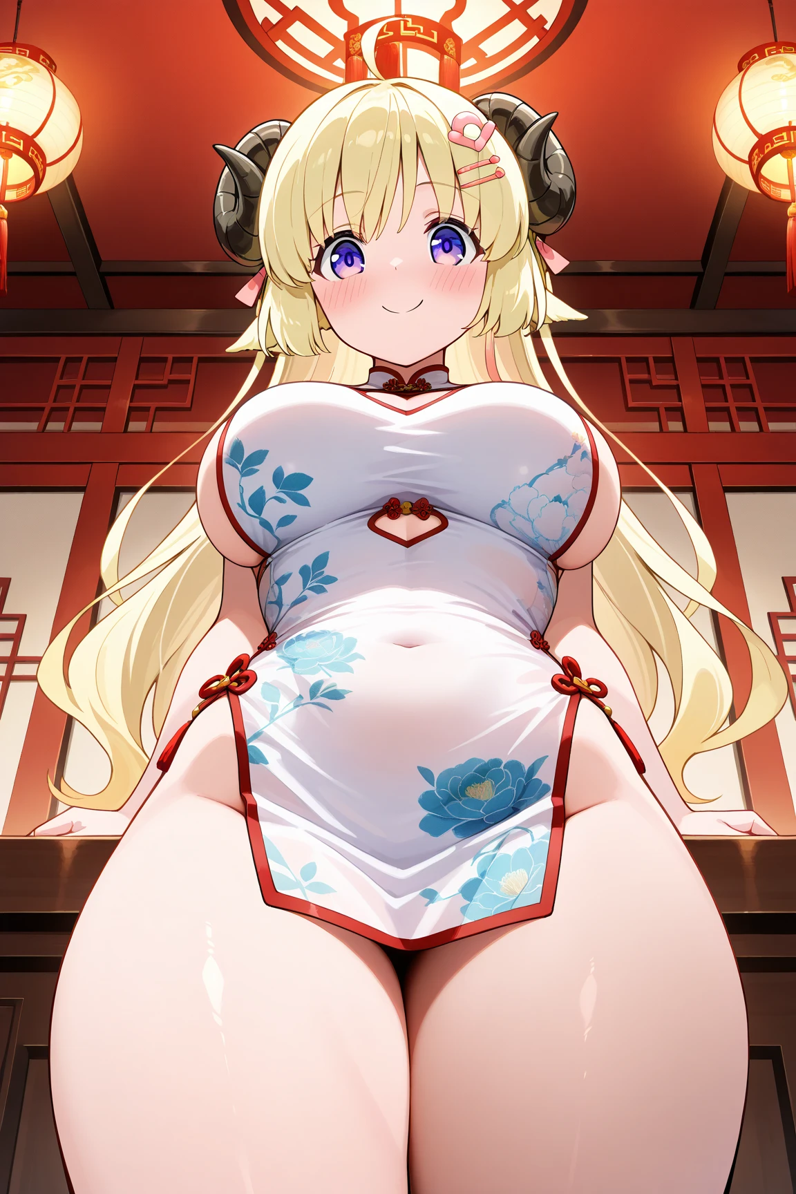 ((Highest quality)), ((masterpiece)), (detailed),、Adult women、Blonde、Long Hair、fluffy hair、(((Saggy )))、Glasses、Japanese Shrine Maiden、The cleavagible、Inside the shrine、smile、masterpiece、best quality、ultra-detailed、8K、high resolution、beautiful eyes、ultra-detailed、Arms raised to show armpits、Embarrassed face、Messy bangs、((Are thin))、She is lifting her legs to show her genitals、ShowinSitting with legs apart、Opening the female genitals、The vagina is The female gea are open、Opening the vagina with fingers、