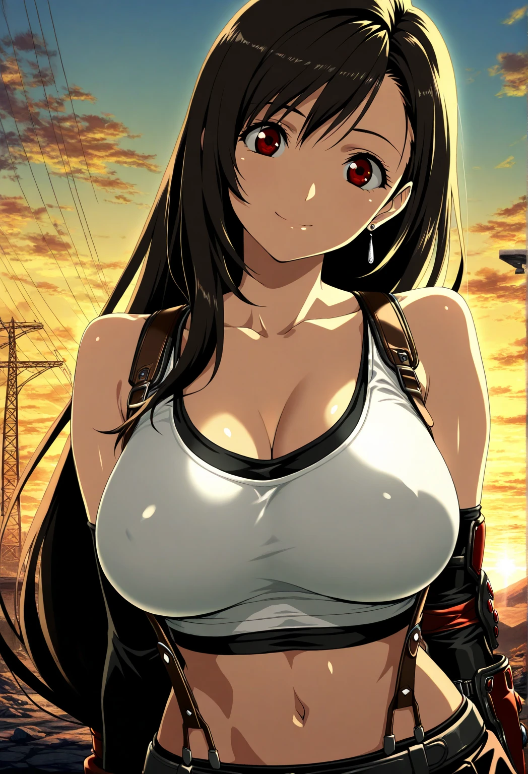 score_9, score_8_up, score_7_up,score_6, score_5, score_4,BREAK , from front,from front,(breast focus:1.5),front view.cinematic angle,standing,straight-on,(upperbody:1),looking_at_viewer ,1girl, tifa lockhart, final fantasy, tareme,black hair, low-tied long hair, red eyes, bangs, white tank top, belt, pleated skirt, thighhighs, elbow fingerless gloves, elbow pads, midriff, navel,suspender skirt ,large_breasts,(light smile),Curvy waist ,Solo,,(midnight and beachside and city), breast lift,,          anime style, key visual, vibrant, studio anime,
highly detailed,masterpiece, best quality,
best aestethic, absurdres,cinematic lighting,  