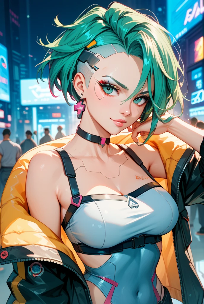 A beautiful girl,  cute face,  extreme abs,  transparent jacket,  completely naked, neon green hair,  space buns,