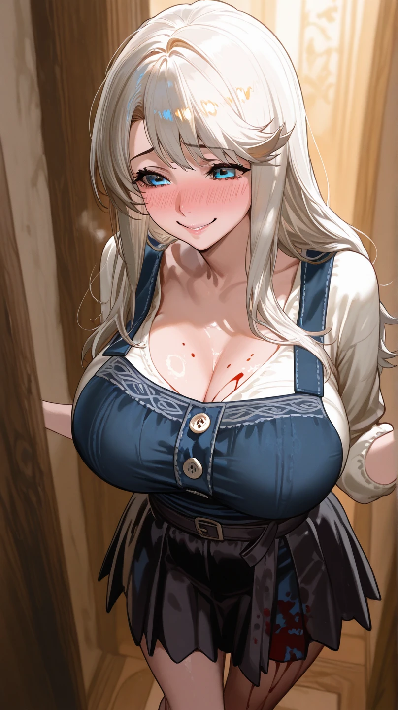 milf, blonde, mature woman, middle parted hair, sfw, natural breast, upper body, milf, samui, simple smile, in a dark room, maid, maid uniform, covered in blood,