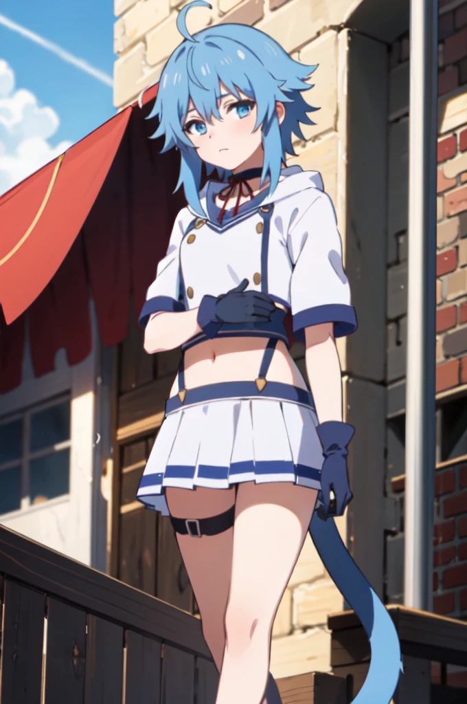 all realistic intricate details, cowboy shot, masterpiece, best quality, highres, rem1, 1girl, solo, rem \(re:zero\), blue hair, short hair, red eyes, hair over one eye, ribbon trim, hair ribbon, x hair ornament, frills, crop top white, denim shorts,medium breasts, cleavage, sedection pose , hair flower, outdoor, standing, smile, perfect background, perfect light