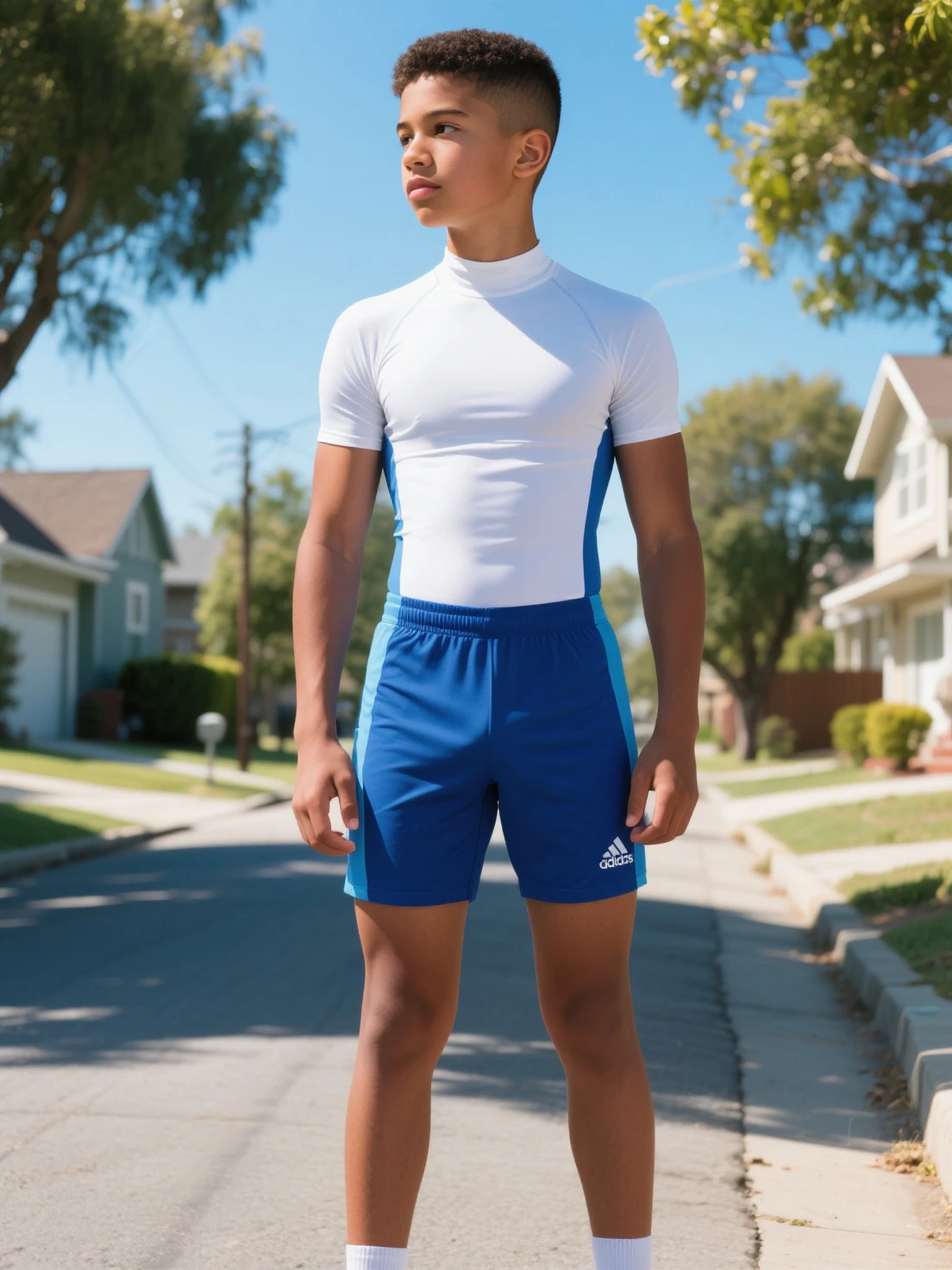 Zollverein, 1940. A young ((((14-year-old)) Werner Pfennig)), young boy, gym class, ((((clothings from the 1940s, white shorts)))), ((platinum blonde hairstyle of the 1940s))