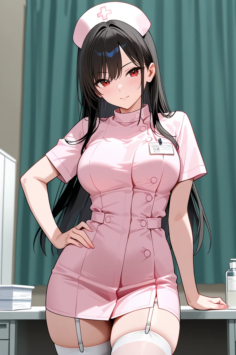 1 female, alone, nurse, nurse cap, white clothes, ((white legwear, zettai ryouiki)), white gloves, long hair, purple hair, red eyes, pink lips, smile, Are standing, ((hospital room)), sharp outline, short sleeve, mature woman, 35 years old, highest quality, masterpiece