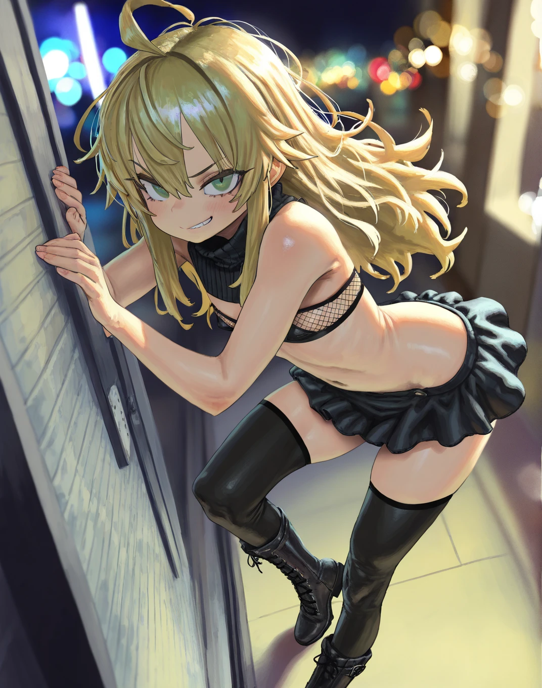 (papel de parede CG Unit 8K extremamente detalhado),(obra de arte), (melhor qualidade), (ultra-detalhado), (Best illustration),(melhor sombra), (delineador afiado, sombra, olhos detalhados:1.1),, 1girls arched back, bent over, big ass, black legwear, blonde hair, fishnets, garter belt, garter straps, goth, hair ornament, high heels, messy hair, platform heels, purple hairband