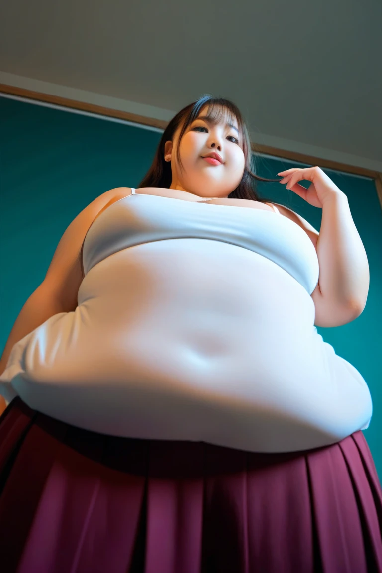 best quality, masterpiece, Weight: 120 kg, extremely obese, severe abdominal obesity, severe visceral obesity, Belly fat is prominent, severe abdominal obesity, I got a lot of belly, mini skirt, high heel, ssbbw, fat body type, pregnant belly