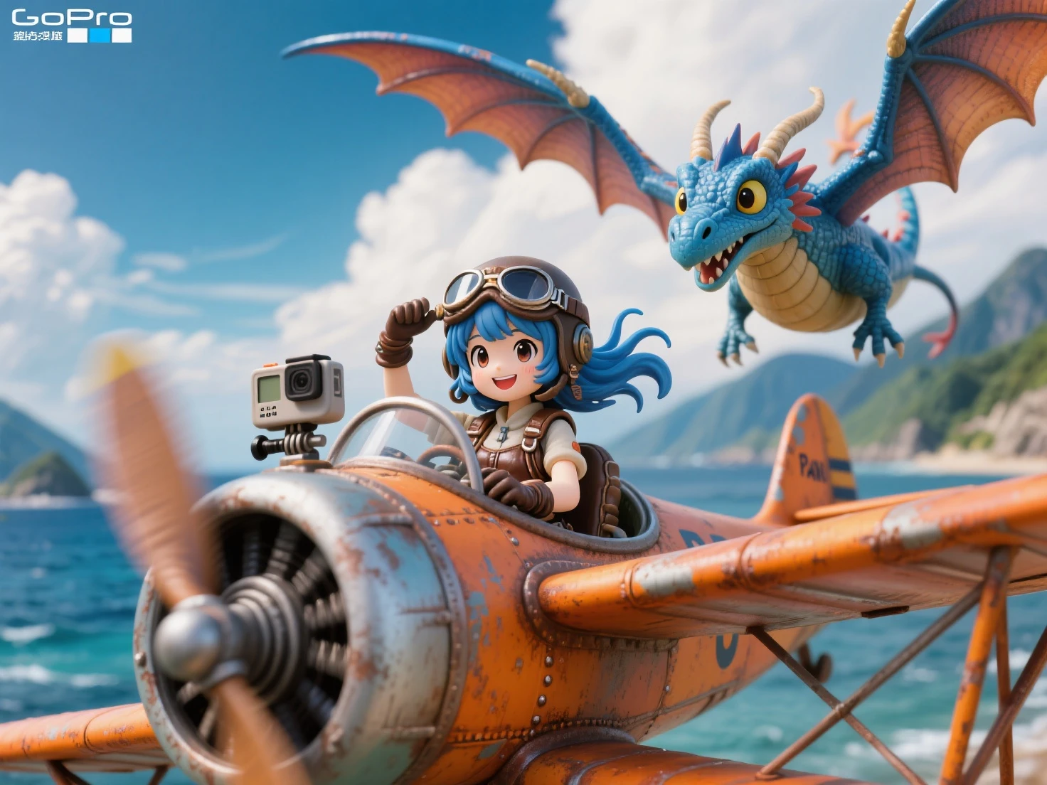 An intricate resin figure、A cute girl with indigo hair、She's in the cockpit of a quaint, orange, rusty biplane、A smiling girl greets you from the cockpit、Her hair moves in the wind、She's wearing Parrot leather gear and has goggles pulled up over her helmet、The propeller of a biplane rotates at high speed and has strong motion blur applied、A blue  dragon with large wings and large eyes is flying beside the biplane so that it runs side by side、A figure used in a diorama、An overall colorful screen、The background features the sea, mountains, and clouds、Strong Depth of Field、masterpiece、Cover of a model magazine、少女はカメラに目線を向けている、パーツが強めのGoPro撮影、複葉機を見上げて見たようなカメラアングル