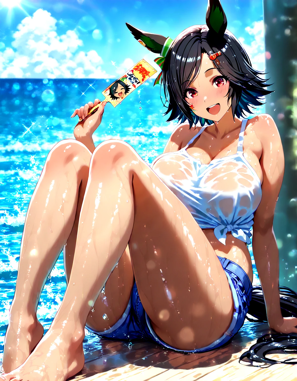 (1girl, Japanese Anime WAIFU style Cute girl), full-length, wearing colorful stripe micro-bikini with a lot of Ruffles, (serving at a trendy cafe at the pool of a luxury resort hotel on the plateau, carry trays with tropical drinks and snacks), masterpiece, top quality, 8K, wide-angle view, full-length, landscape