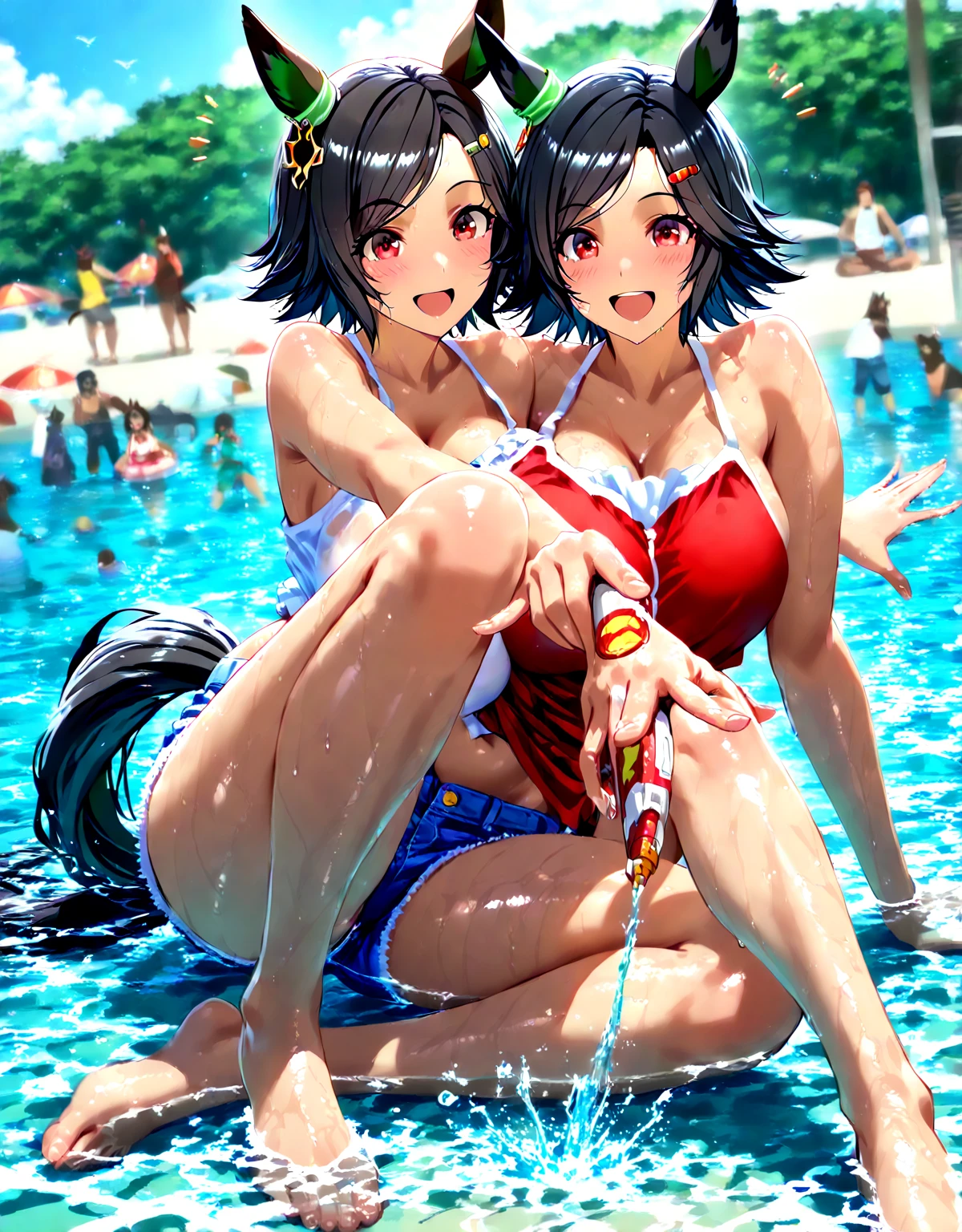  girls in bikinis posing for a picture in the water, ahri, extremely detailed artgerm, ahri from league of legends, wlop and sakimichan, girls, artgerm and genzoman, artgerm and rossdraws, rossdraws and jazza, artgerm style, style artgerm, like artgerm