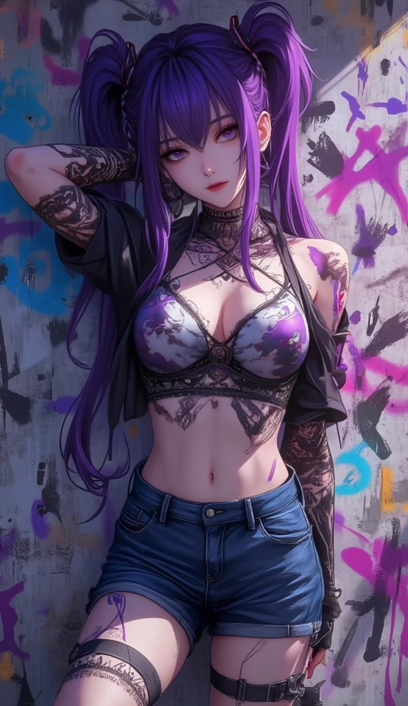 Beautiful black girl, had green eyes, Purple Hair, He has several tattoos all over his body., Wearing shorts, The outline of her thighs is clearly visible, Wearing a short blouse, Show me your belly