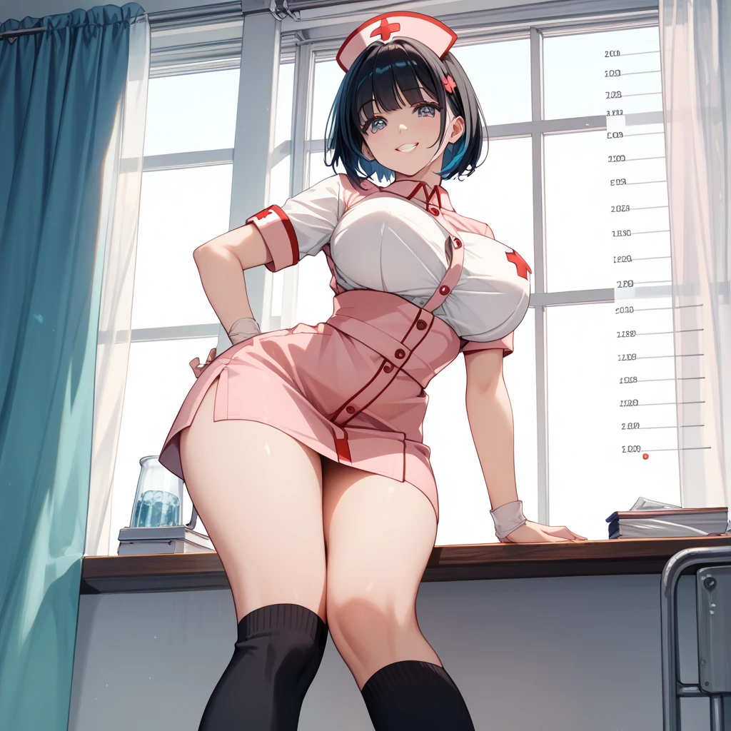 Ultra-detailed, High resolution, extremely details CG, anime image,(masutepiece, Best Quality:1.4), Illustration ,1girl in , (red blush), (embarrassed from), (Shyness), hospital room background, Short sleeves, Huge breasts, Random Color Nurse, (appearance々Colored panties), sox, (Skirt lift), Back, From below,((Nurse attire))、Random hair color、Randomly colored underwear