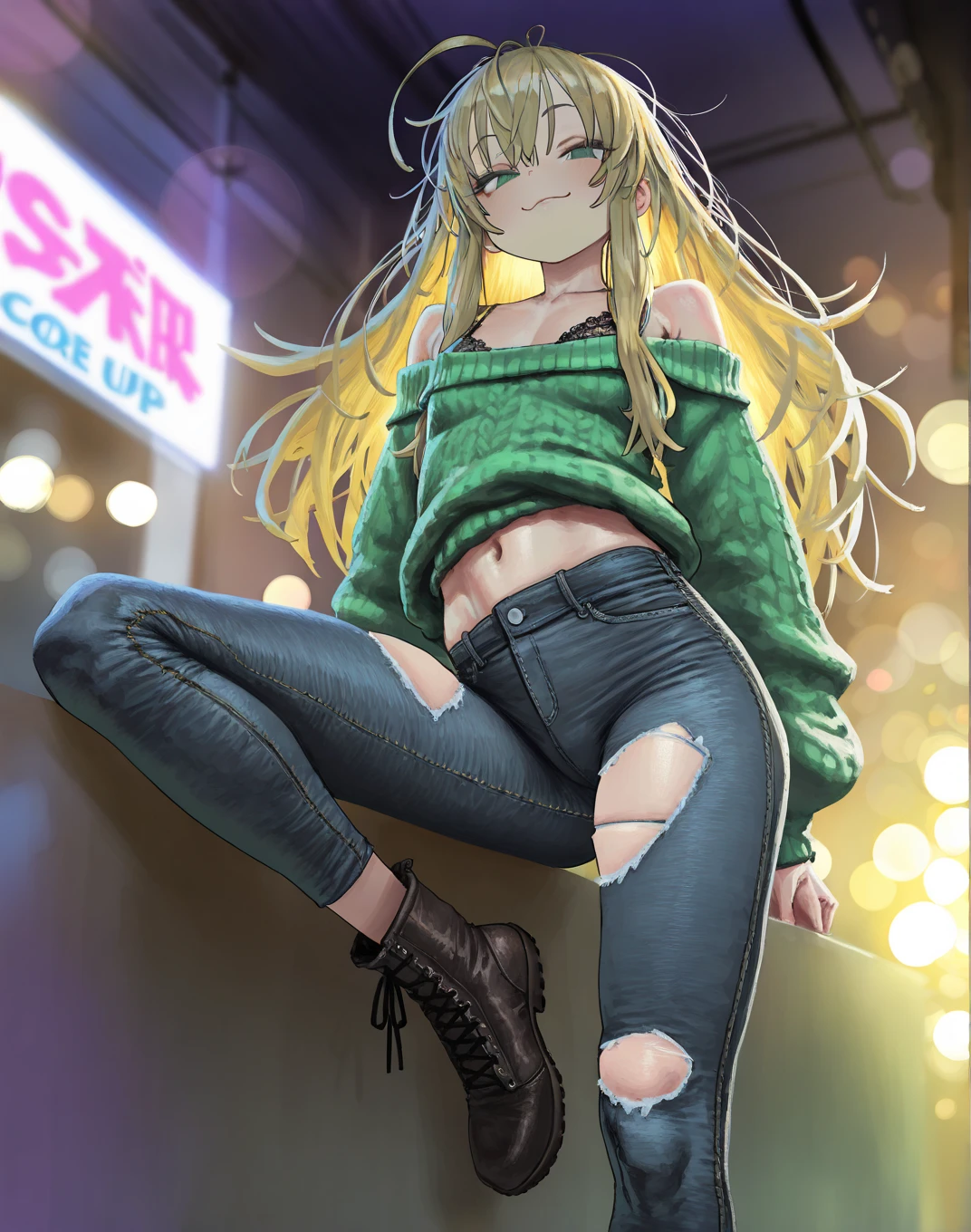 1girl, alone, tooru hagakure,masterpiece,best quality,highres,ultra-detailed,hagakure tooru,green eyes,multicolored hair,long hair,ahoge,bangs,large breasts,sportswear,(shirt:1.2),(skin tight:1.4),short sleeves,(shorts:1.2),short shorts,(boots:1.2),indoors,standing,smile,cowboy shot,peace sign, 1girl, alone,perfect hands, perfect anatomy