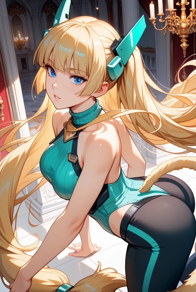 1girl, aqua dress, bottomless, looking at viewer, indoors, simple background, crown, big breasts, thighs, sitting, view from above, (ass:1.3) , blonde hair, view from behind