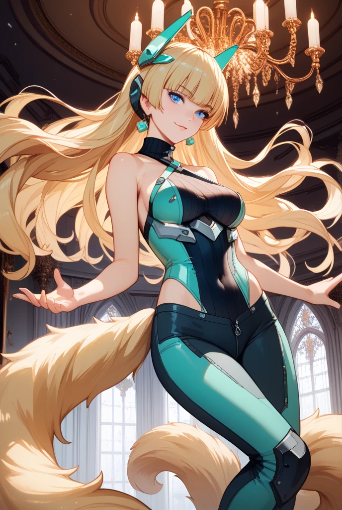 by fluff-kevlar, by ouka, by Kilinah, (((woman, breasts, antrum, extremely detailed, extremely detailed legs, extremely detailed arms, extremely detailed face, perfectly detailed eyes, perfectly detailed anatomy))): 1.2, beautiful and detailed portrait of an anthropomorphic vixen ((female))), anthro, female, fox, high definition, good anatomy, yellow fur, yellow body, simple background, highly detailed face, deep yellow iris, yellow eyes, yellow hair, long hair, kitsune ghostly fox fire, multiple tails, dark lighting, moody lighting, full body, sexy body, slanky body, sexy face, nice, hot, cute, pawpads, paws, showing feet, levitating with one leg up, night, half moon, stars, blushing, friendly smile, smile, friendly, elegant, dark, mysterious, alluring, beautiful, thigh highs, detached sleeves