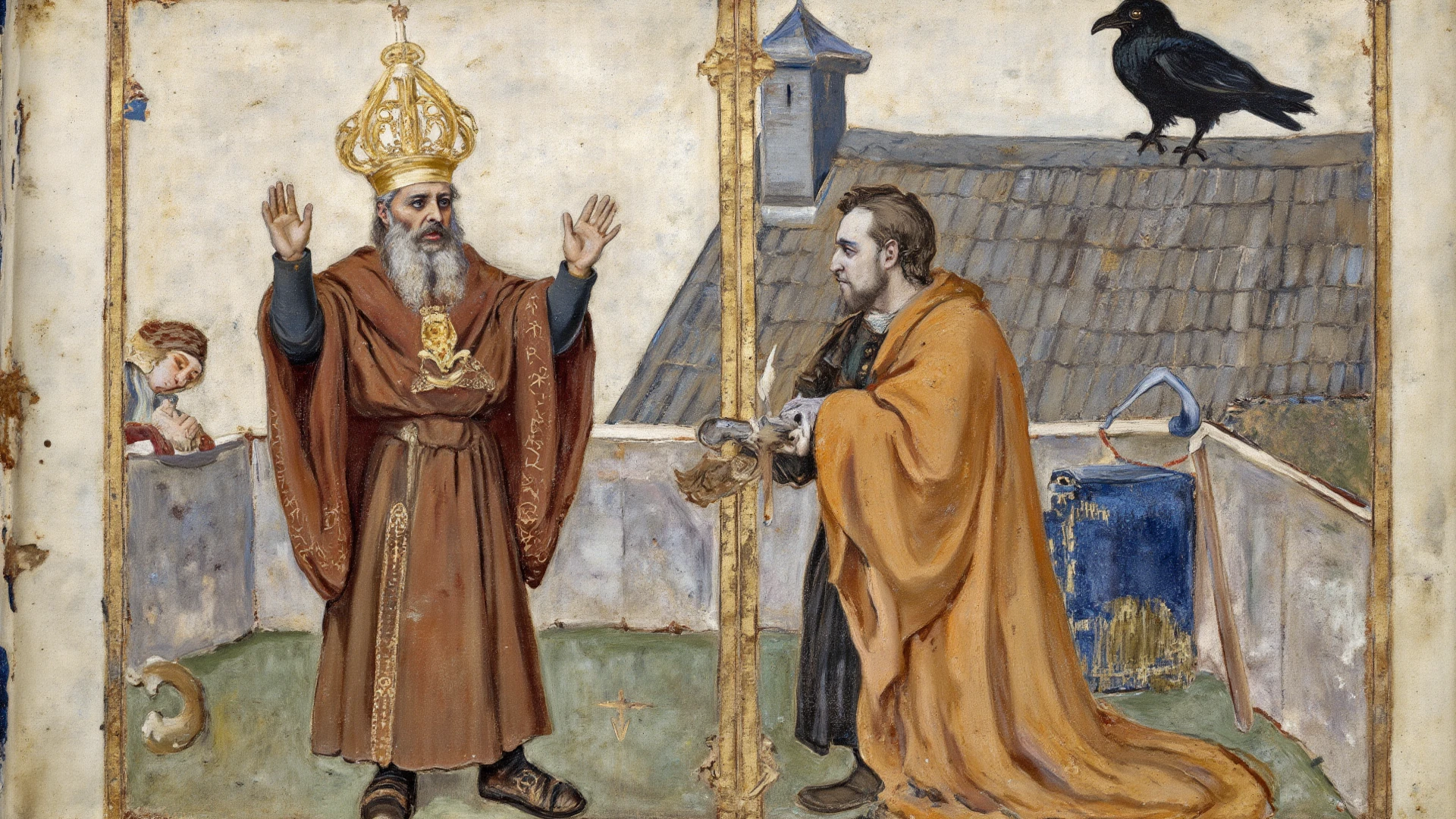 A sinner kneeling before the pope receiving blessings, realistic medieval