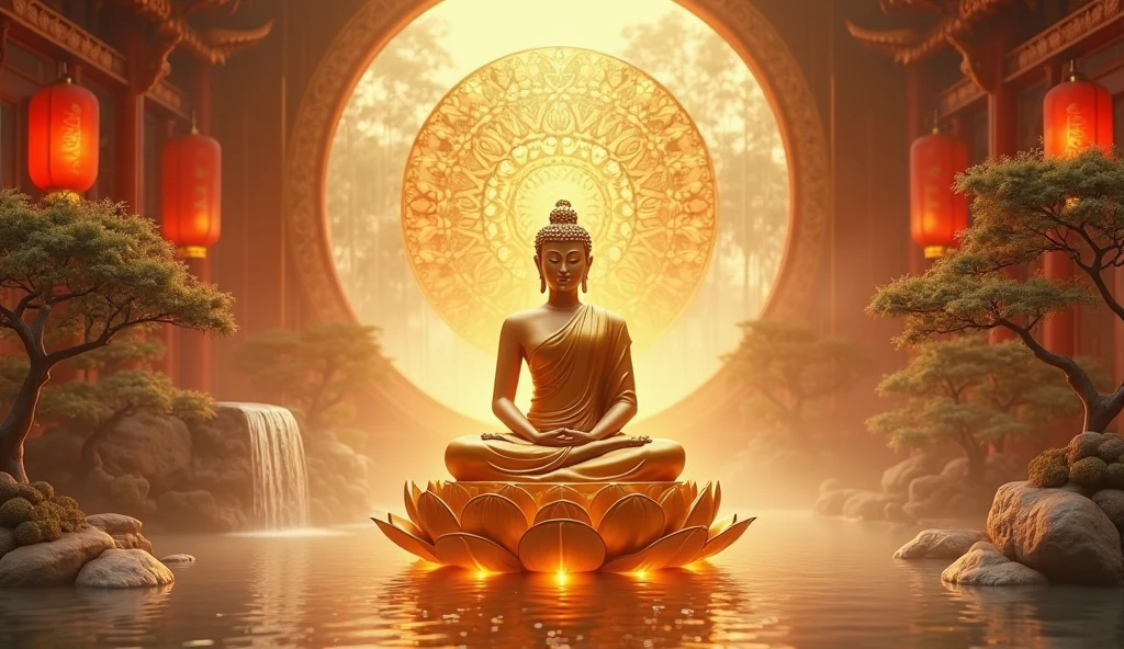Stylized buddha and lotus flower in an ethereal and mystical setting, meditating, with intricate symbology, transparent background, ideal for a t-shirt print