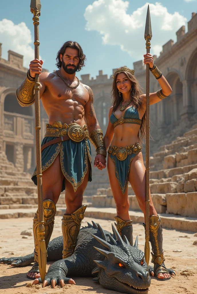 Full body ultra-detail, romantic, handsome male and female couple, fit and muscular, greek ancient athenian soldiers wearing a leather skirt, long wavy hair, close-up from below, from side, dramatic angle. His body is symmetrical, thin waist, wide shoulders, big chest, perfect abs, V-shaped body, symmetrical face, masculine attitude, 8K high detailed face and body, ultra intricate details, sharp focus