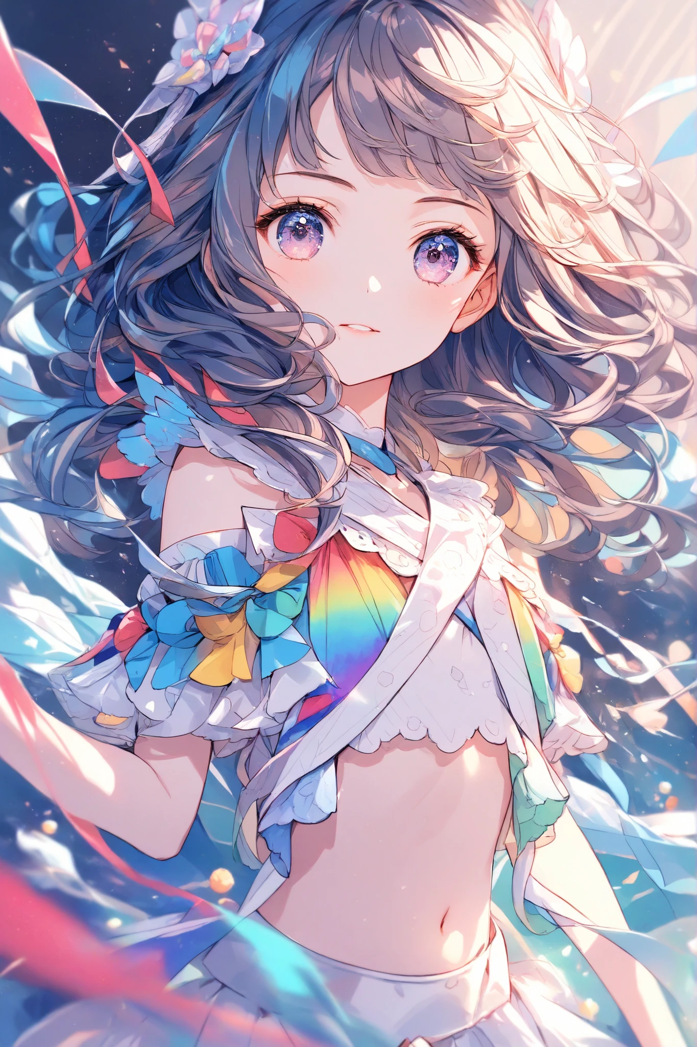 masterpiece,top quality,Super Detailed,8k,watercolor colorful upper body lift One Piece girls 灰色の髪 light ribbon pop, (flat chest:0.8)