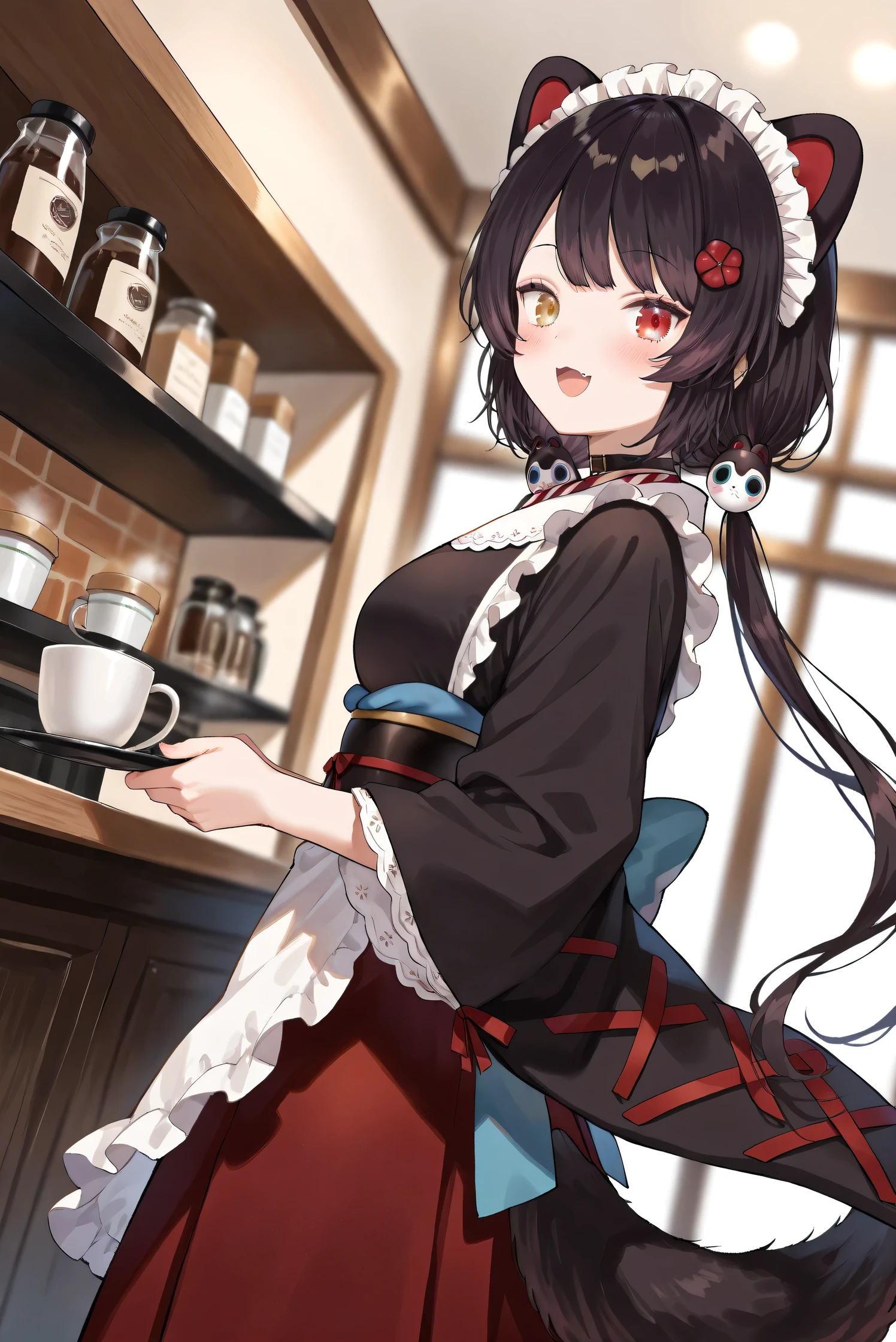 (Masterpiece), (Highest quality), (Very detailed),
(The best shape), (Best Shadow), (Absurd),
(Detailed background), (So beautiful), (Shiny),
(Extraordinary), (Countershading), (8k), (32K),
(High resolution), (Very Detailed CG), (UHD),
(Score_9), (Score_8_up), (Score_7_up),
(Source_anime), (Pastel painting:1.2),
(Watercolor painting:1.2),(Masterpiece, Detailed:1.2), (Foreshortening:1.2),
(Cinematic), (Dramatic), (Depth of field:1.4),
(Blurry background:1.4), (Realistic background:1.4),
(Dynamic angle), (1 girl), (Dynamic pose),
(Coffee shop), (Antique Cafe), (Indoor),
(Inui Toko), (Nijisanji), (Virtual youtuber),
nijitoko, medium breasts, heterochromia,
red eyes, yellow eyes, black hair, dog girl, dog ears,
dog tail, long hair, low twintails, hair ornament,
nijitokocos, black kimono, black obi, sash,
waist apron, white apron, frilled apron, long apron,
long sleeves, wide sleeves, frilled sleeves,
hakama skirt, long skirt, red skirt, frilled skirt, choker, maid headdress,
(Blush:1.2),
(smile), (happy),
(Portrait), (Focus on face:1.2), (close up shot:1.2),
(Looking at viewer), (Looking back),
(Talking to viewer), (Open mouth),
(Realistic skin), (Shiny skin),