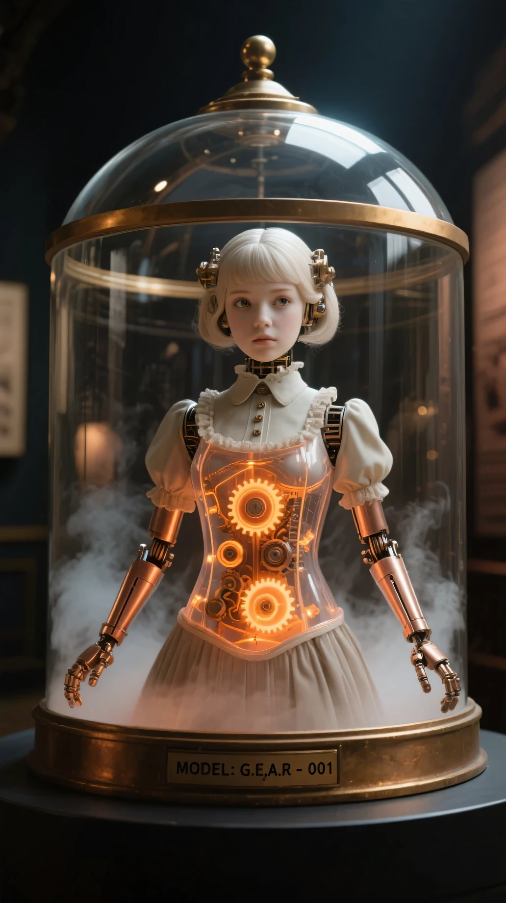 a steampunk automaton girl figure inside a brass-trimmed glass dome labeled “MODEL: G.E.A.R - 001”, realistic PVC figure style, transparent torso showing glowing gears and pistons, soft orange internal lights, soft steam inside the dome, elegant victorian outfit with copper mechanical limbs, cinematic lighting, her eyes are softly opened as if she has just awakened, expression neutral but slightly focused, evoking the moment consciousness returns, detailed face, porcelain skin, dramatic shadows, 4K museum-style showcase
