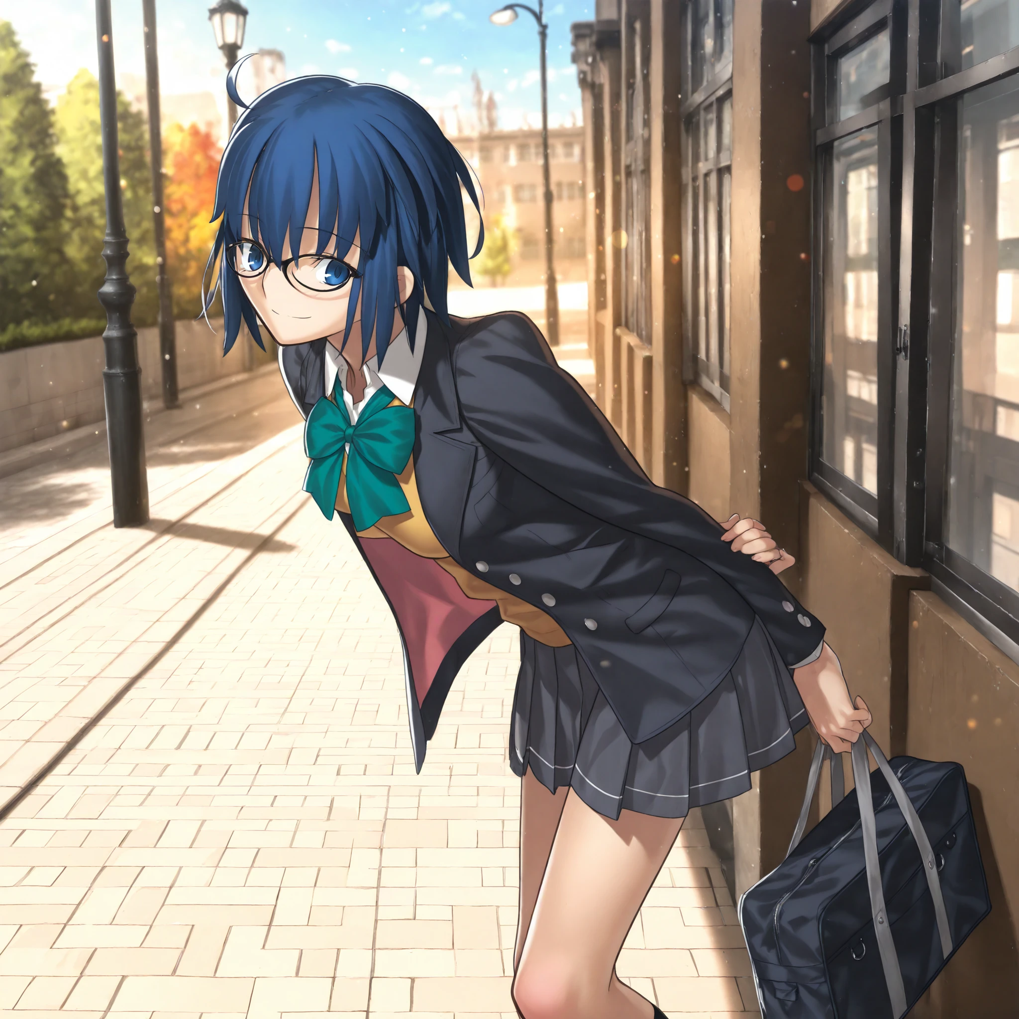masterpiece, , absurdres, highres, detailed background, high resolution, masterpiece, necessary, detail, best quality, quality, necessary, details, High details, Precise, 8k indoors, (school, street, lamppost, colorful light particles, powder light,),day lens flare, blurry background,(from side, from above,),
1girl, Takeuchi Takashi (type-moon,tsukihime) style, takeuchi takashi style, (aged up),(blue sky), having bag, standing,(long legs) ,
girl, (slender body, slim arms, slim bod), solo, el3gymaster ,ciel \(tsukihime\) ,blue eyes ,blue hair ,glasses ,short hair,(black-framed eyewear ,school uniform ,open jacket ,green bowtie ,yellow knit, white undershirt ,grey skirt, pleated skirt, socks), (medium breasts),(looking at viewer), light smile, leaning forward, , ,