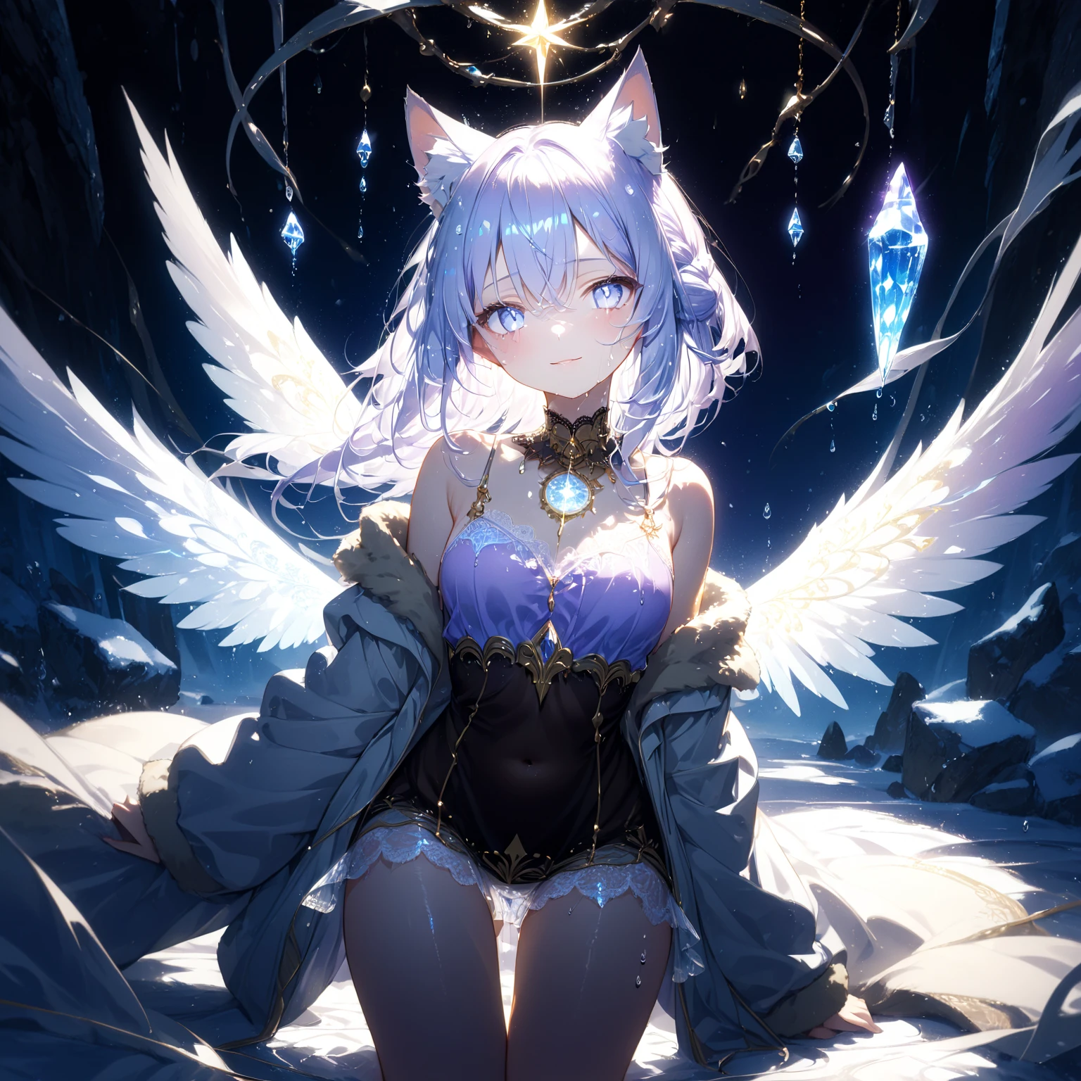 4K Ultra Clear,tmasterpiece,Beautiful 2D style,Night's,Clear face,A ring that wraps around the back,Sit sideways on a stone,Petite body,Silver hair,Small chest,Showing the belly,the angel's wings,Wear a skirt with an intricate texture underneath,It has cat ears on its head,intricate headpiece,smiling expression,Bright background,A lone,Teenage girls in Asia