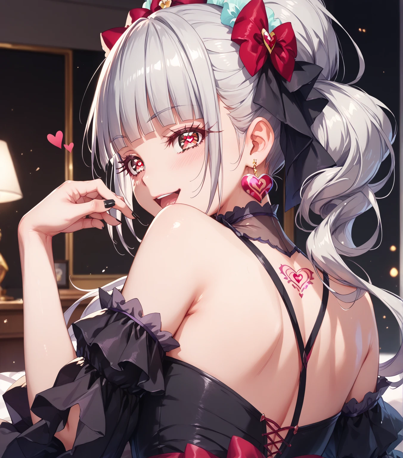 A girl crawls in the park at night，Clear sky in the background. Park benches and soft lighting, Rear photo, (Side photography), looking back at the viewer, (Masterpiece), ((Ultra-detailed)), (Highly detailed), (Expressionless), (Best quality: 1.2), 8K, hdr, A high resolution, absurderes: 1.2, Object perspective, Blurred background, Bokeh: 1.1, Lens flare, (vivd colour: 1.2), High quality texture, Detailed texture, High-quality lighting and shadows, a face with perfect proportion, full bodyesbian, Mature and excited body, Detailed skin texture, vibrant, pale and radiant skin, natural saggy breasts, gigantic bosom: 1.5, High waist, Narrow waist: 1.3, Wide hips, Full buttocks, Detailed beautiful face, (PureErosFace_V1:1.3)(Ulzzang-6500:0.4) Detailed beautiful eyes, Symmetrical eyes, Perfect eyes, Seductive eyes, Beautiful nose, High nose, Clear blush, Detailed lips, Earrings, hoop earings, necklace, jewelry, Sapphire heart necklace, Silver-toned high-heeled sandals, Seductive expression, Smile, Perfect hands, Delicate and beautiful fingers, Detailed beautiful legs, photo-realistic hair, detailed hairs, (Silver dress, Red dress, Blue dress), Chisato Nishiki, Long hair, Blonde hair, (Red eyes: 1.5), Hair ribbon, Bob cut, Red hair ribbon,)，Huge breasts，Japan goddess，blush，