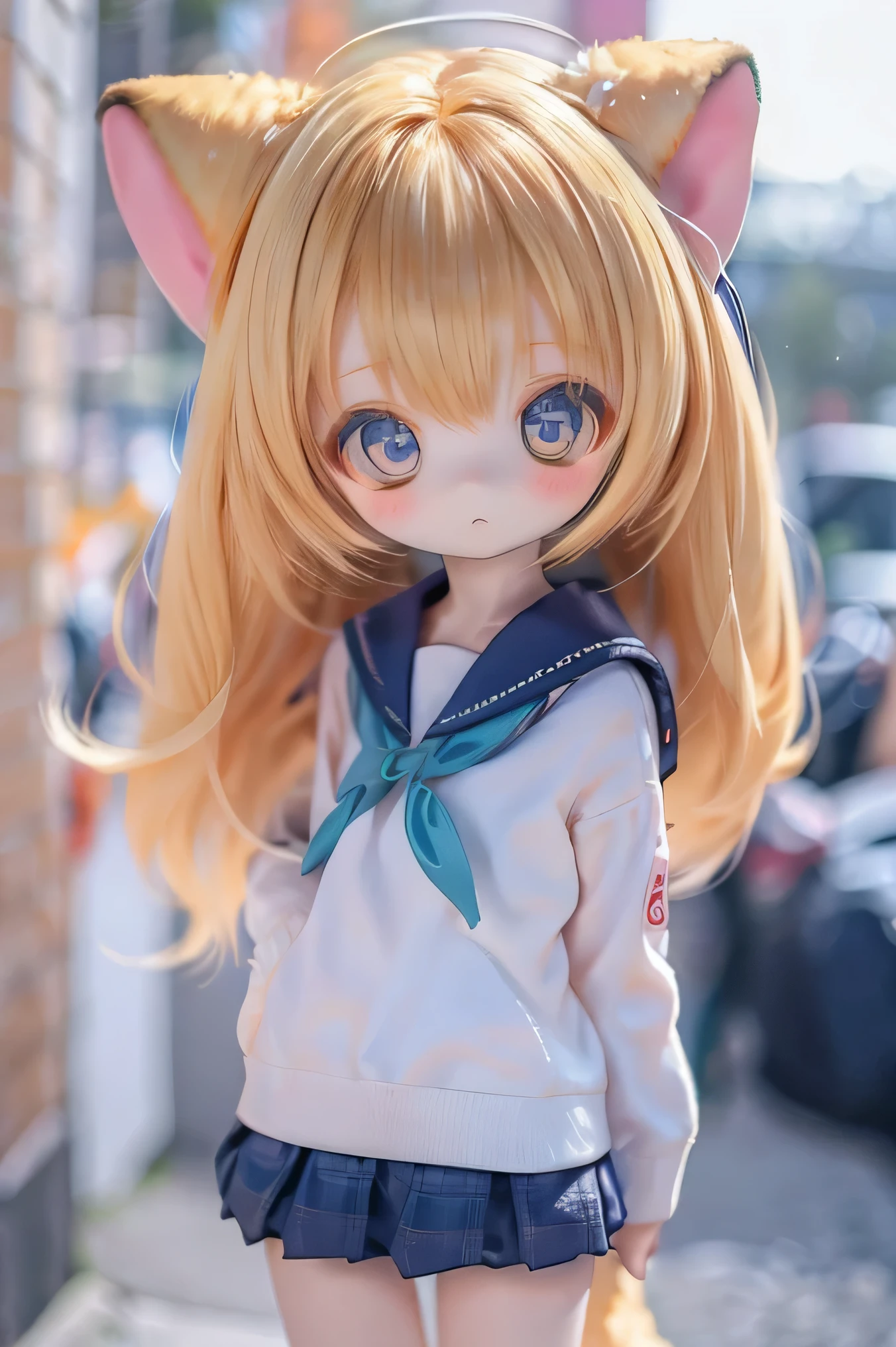 Long-haired albino little girl wearing an orange jacket with bleach sleeve style pants painted in Nanking with pastel paint --auto --s2