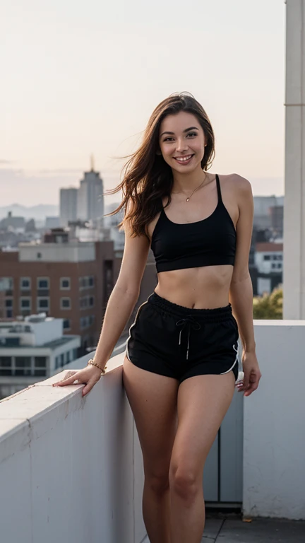 This woman's name is Ailina. Ailina is 18 years old and of Russian origin, living in America. She has wheat-colored skin, brown eyes, and wavy hair. Ailina has prominent jawlines and slightly full lips. She is laughing energetically, showcasing a big gold necklace around her neck. The photo is a full-body shot in warm lighting with dramatic shadows, vibrant colors, photorealistic quality, and extremely detailed 8k resolution. Ailina is dressed in sporty attire, captured mid-jump in a park with a skateboard under her feet and a beautiful sunset in the background.