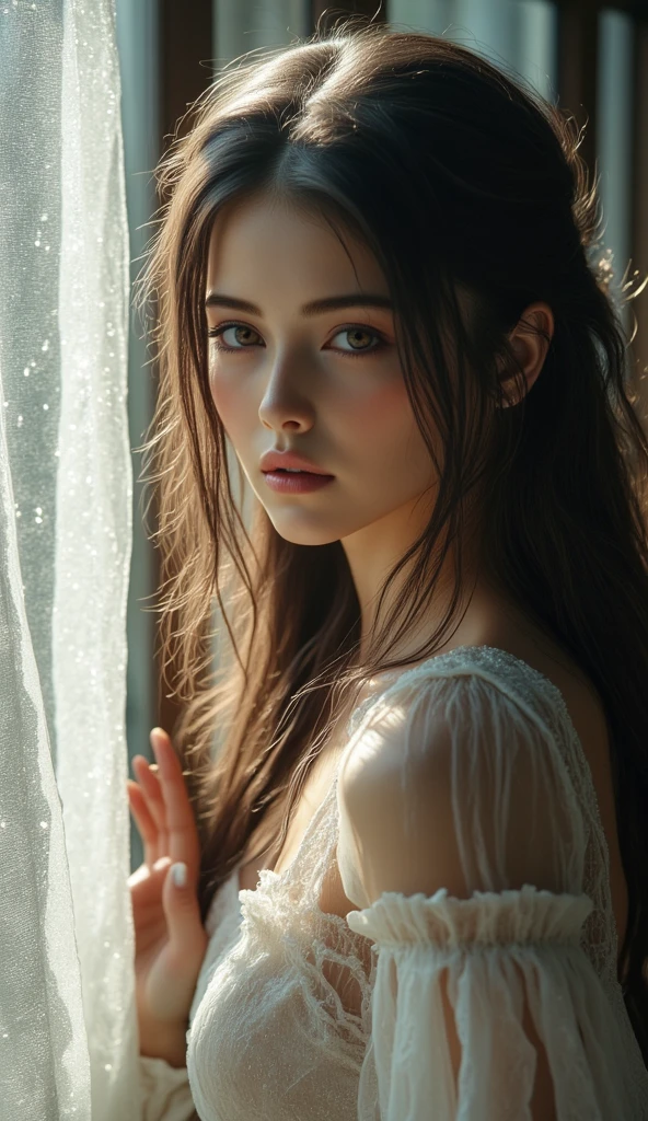 (Best quality,4K,8K,A high resolution,Masterpiece:1.2),Ultra-detailed,(Realistic,Photorealistic,photo-realistic:1.37),sportrait,Women,Long flowing hair,Off-white iris,vacant gaze,Plump pink lips,The ends of the hair have white flowers,Graceful figure,Medium shot,Black dress.Delicate long legs