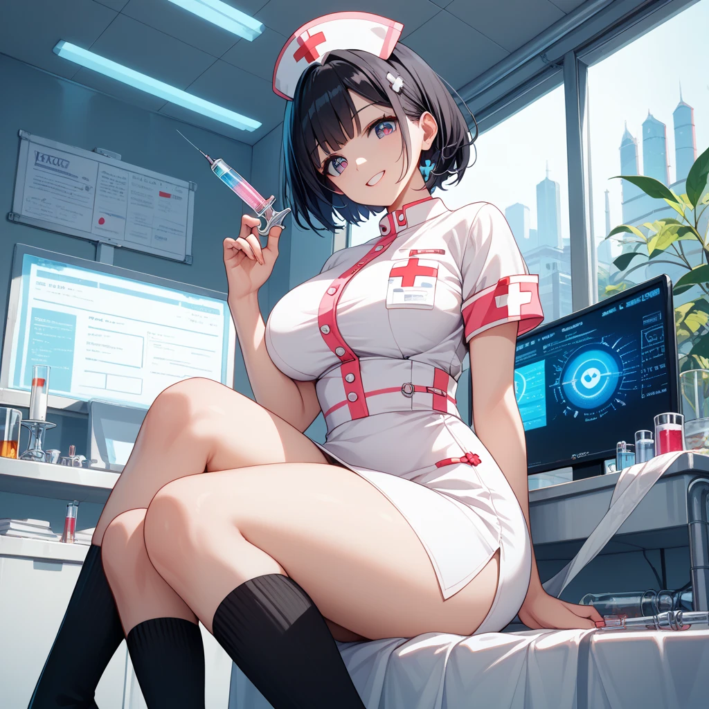 1girl，Sexy nurse uniform，Delicate white over-the-knee socks，Sexy ass face audience，Wet panties are exposed, and panties are clipped through a slit，Soft big breasts，Lewd expression