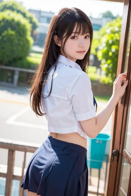 ultra highres,(reality: 1.4),highest quality, masterpiece, high detail, 16K quality, beautiful, 1 beautiful girl,japanese,super beautiful face,baby face,japanese idol face,cute face,super detailed face,detailed hand,beautiful skin,sweaty skin,big eyes,big smile,profeccional lighting,pony tail, black hair,brown beautiful eyes, white shirt,bowtie,brown checked skirt,standing,skirt lift,((wind lift:1.3)),(((show off panties))),((white panty)),medium breasts,she is looking at the camera,beach,blue sky, beautiful blue ocean,nsfw,from below,