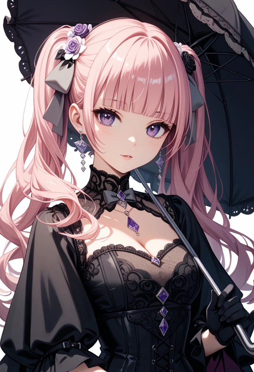 one piece ghost princess perona, ghost and sakura aura, holding a cute umbrella, black pink gothic outfit, hair tied into two curly pigtails with black and white flower hairpins, perfect body shape, wearing black top hat with ribbon, masterpieces, light make up, ghost effect
