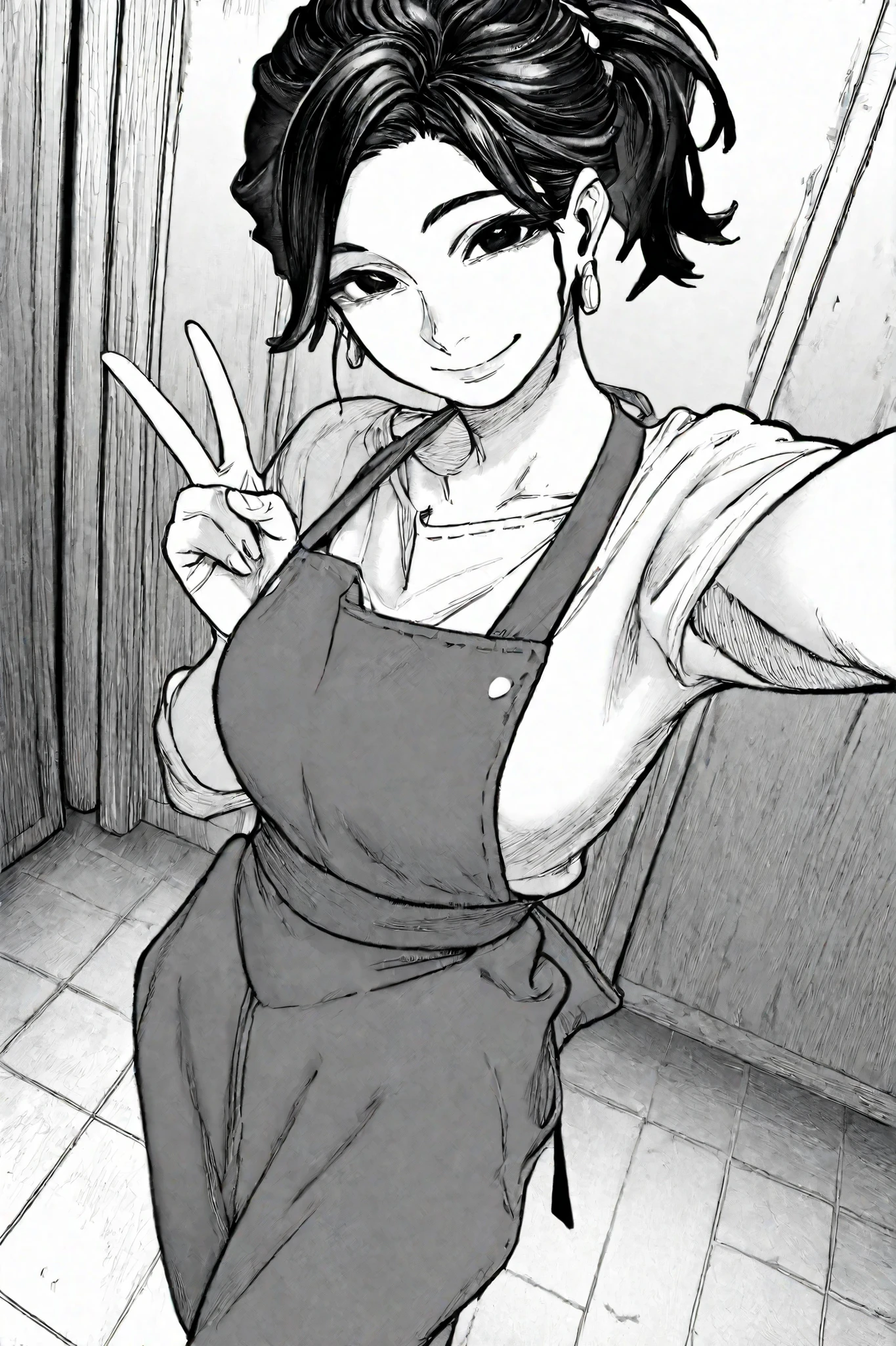 1girl, solo, v, smile, looking at viewer, selfie,
black hair, black eyes, short hair, ponytail, earrings, apron, white shirt, pants, milf
masterpiece, best quality, atucag, monochrome, greyscale,