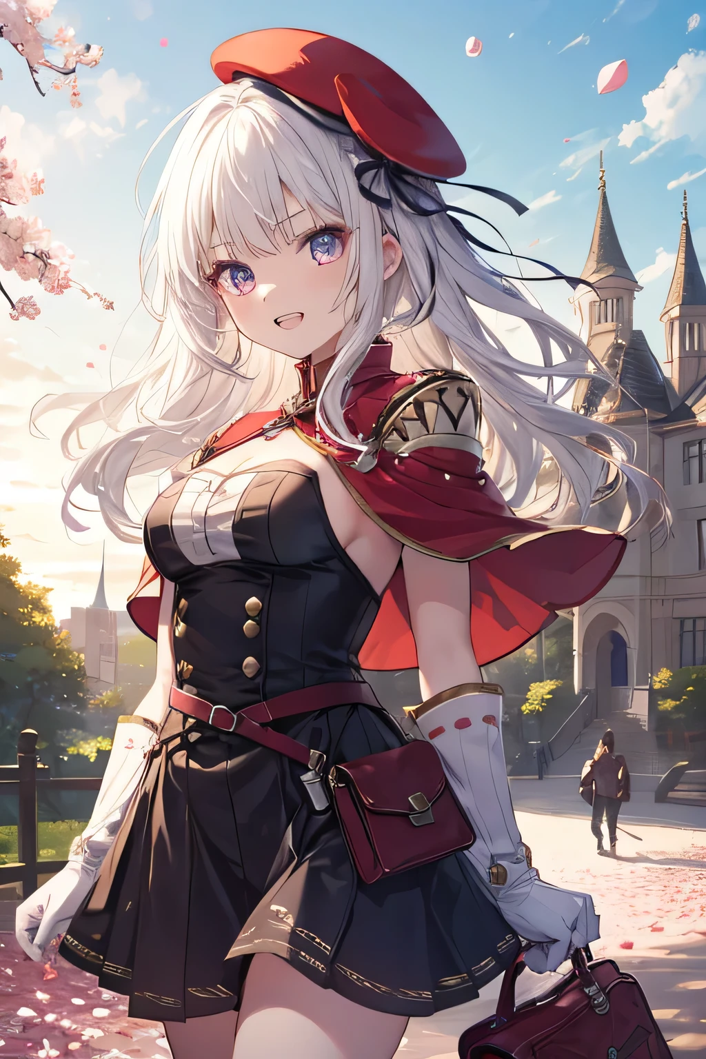 Serious girl, White hair, (showing teeth), castle background, castle background(mansion), complete anatomy,  Graphic Effects, red beret, strong breeze , sakura petals and leaves,    , the best quality