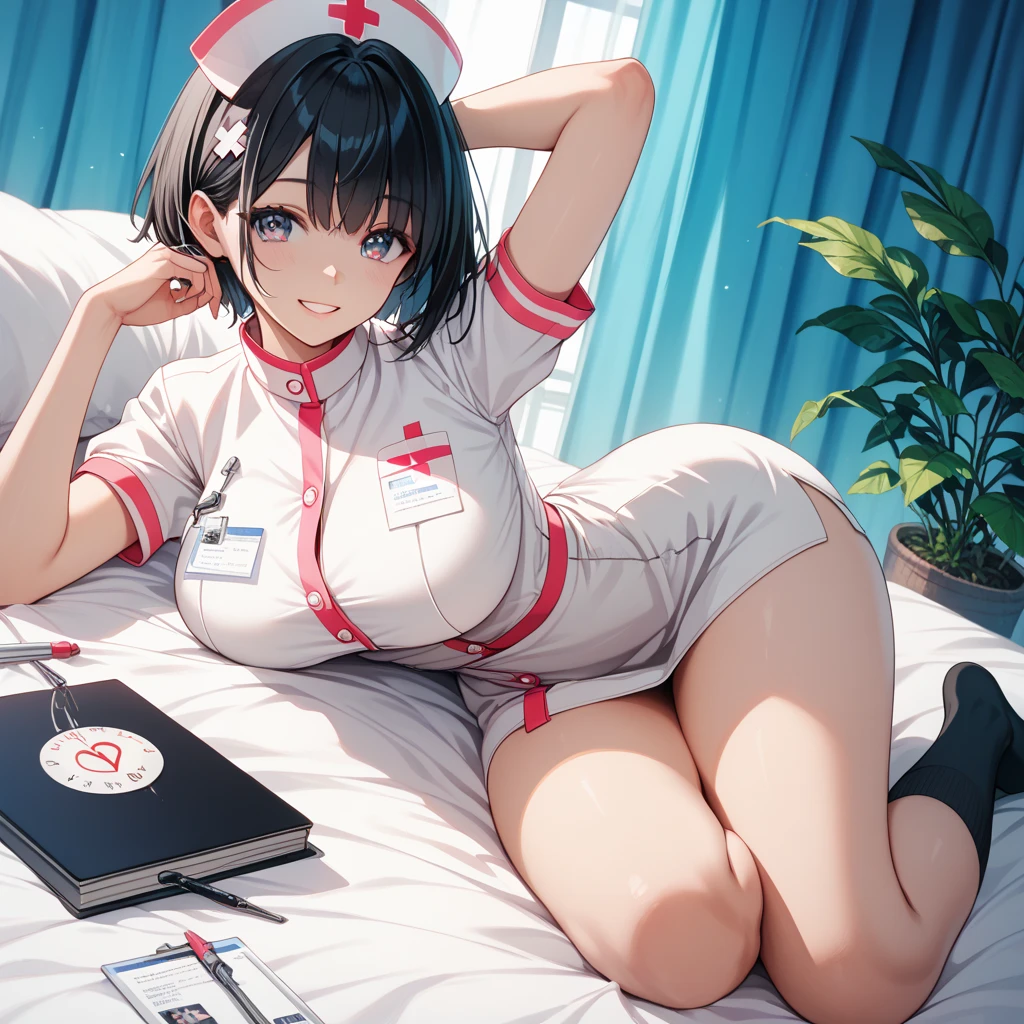 Nurse, ((Masterpiece, Best Quality)), 1 Girl, (Photorealistic: 1.4), Solo, White Background, Black Hair, Bob Cut, Blunt Bangs, Absolute Territory, Skirt, (((Cowboy Shot)), SIT, Bed Sheets, All Fours, Yes Yes, Red and Black Nurse Costume