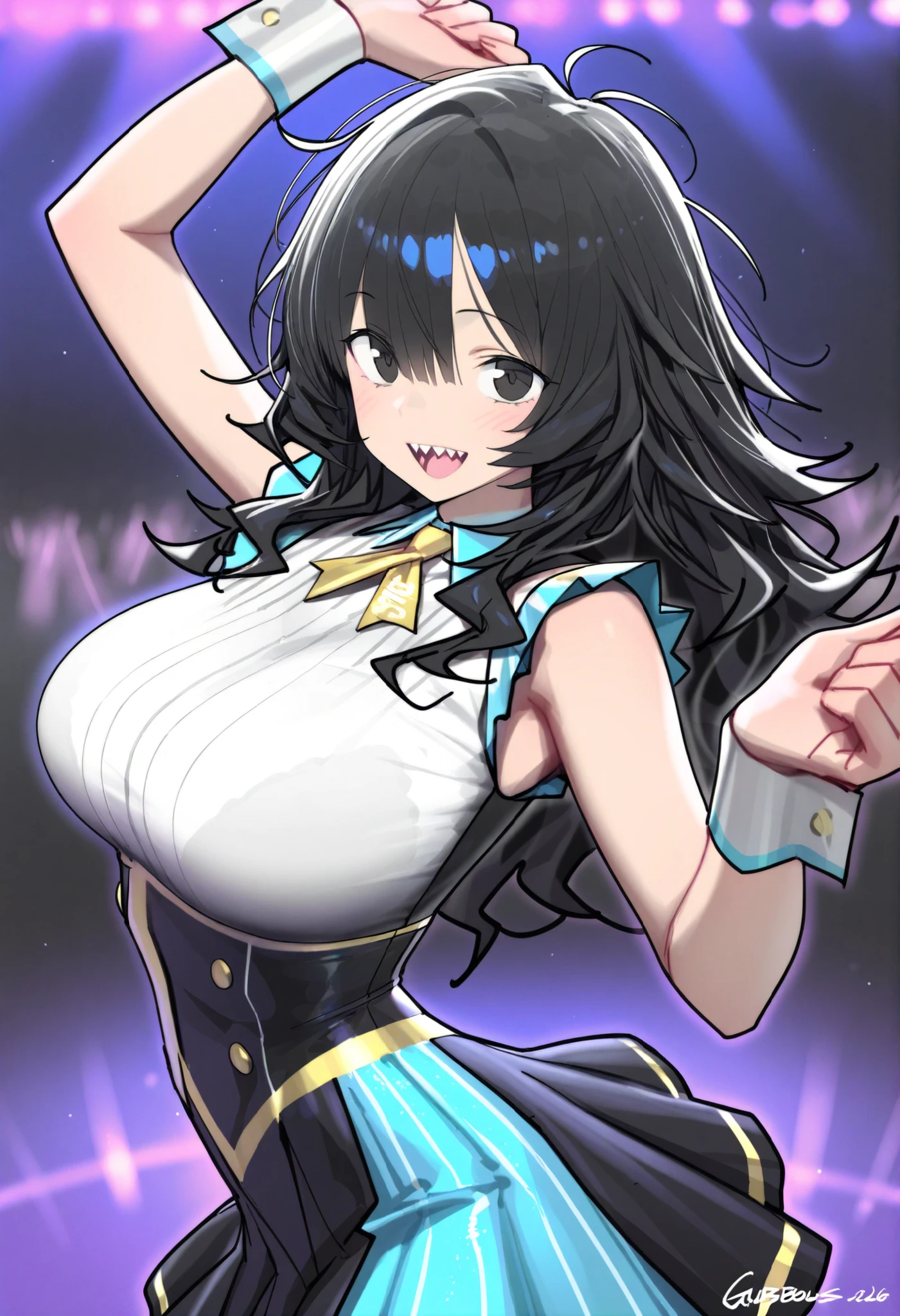 black eyes ,black hair, long hair, hairband,, large breasts,, Live Stage, solo, nsfw