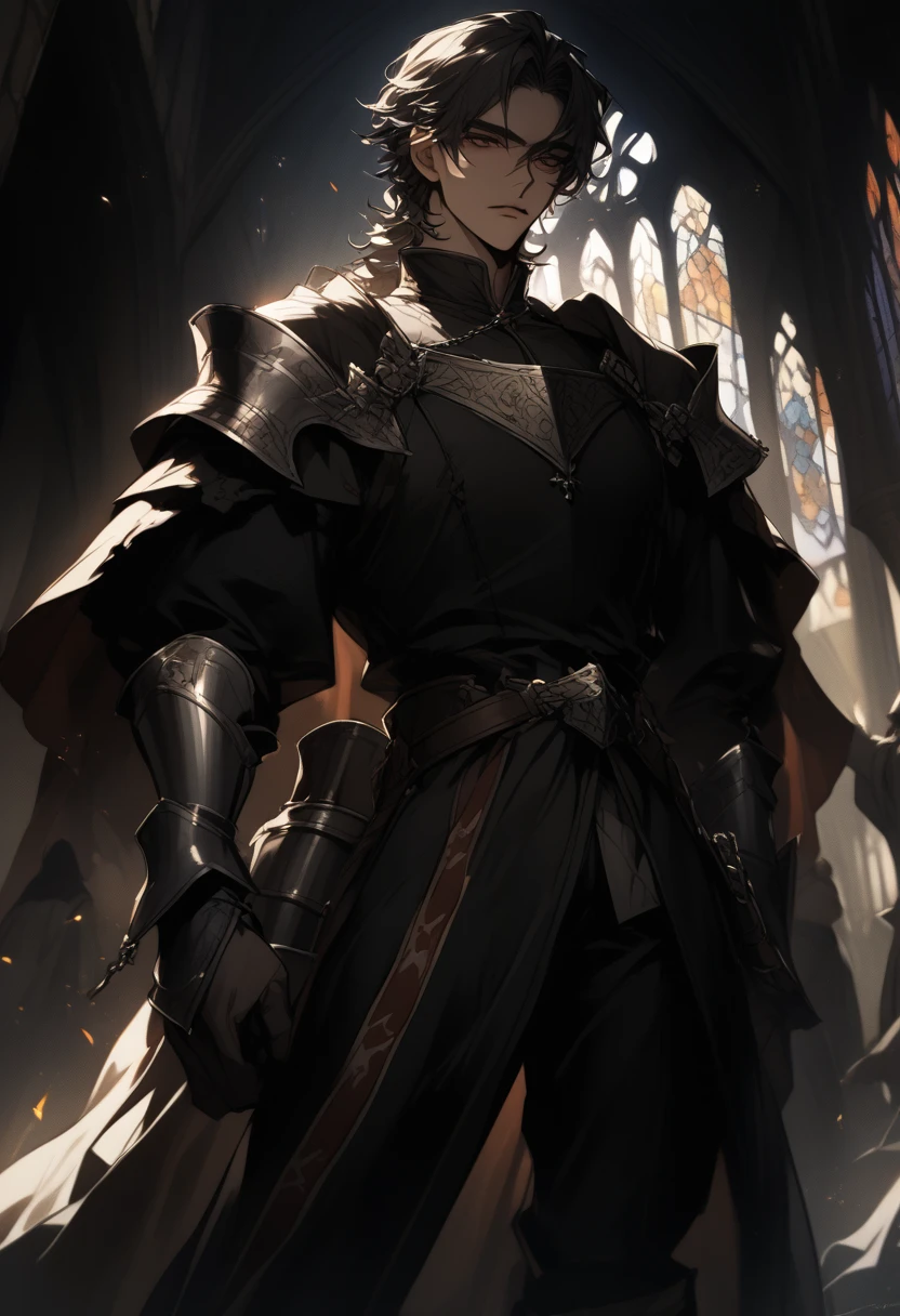 ({masterpiece}},{best quality,},Game Cover,Broad vision,middle Ages,A young man stood on the plain and looked into the distance,Carrying a sword,({masterpiece}},{best quality}