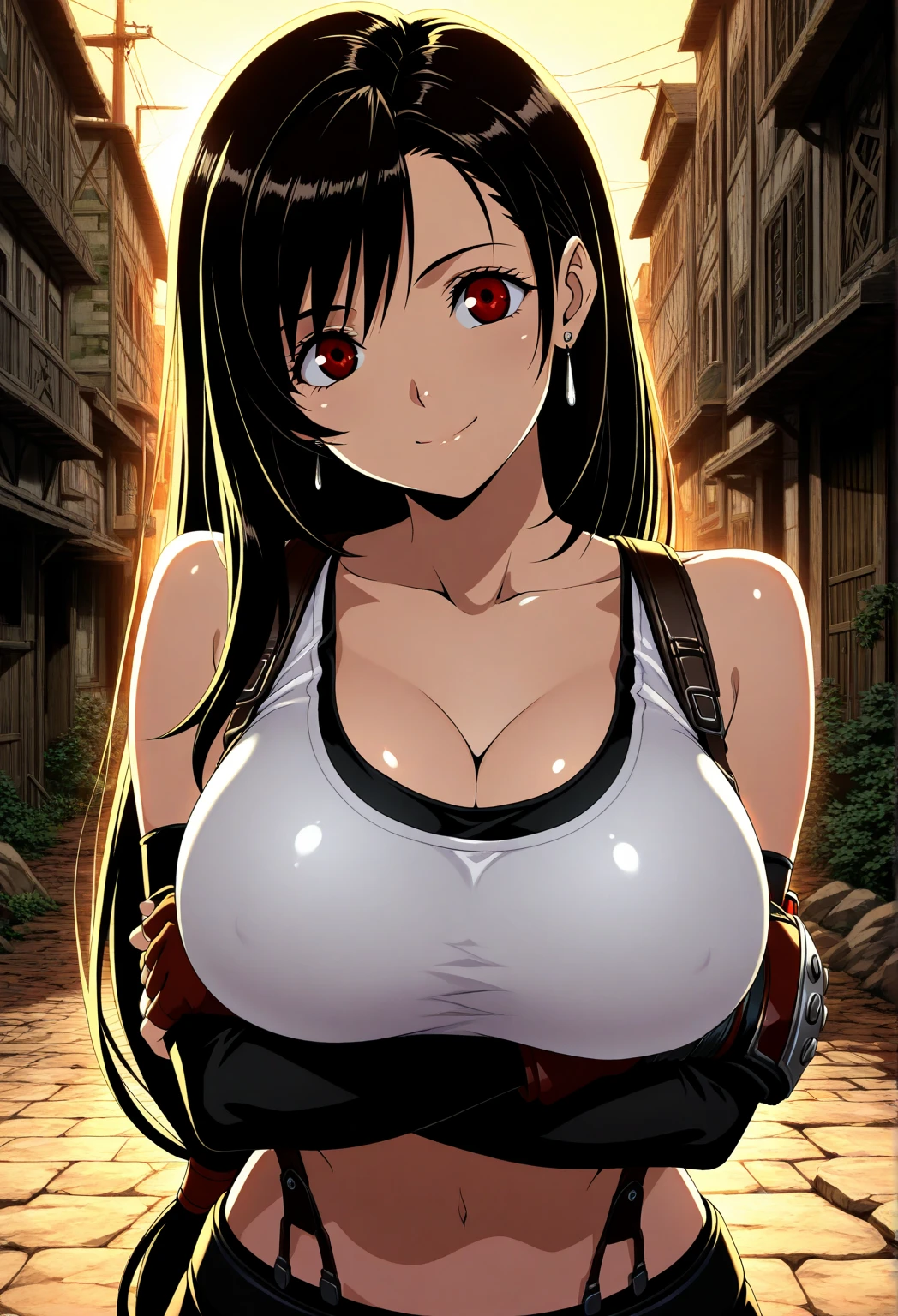 score_9, score_8_up, score_7_up,4k, ,BREAK , (from front,top angle),standing,straight-on,,(shirtlift,under_boob,mosaic),(upperbody),looking_at_viewer ,1girl, tifa lockhart, final fantasy, tareme,black hair, low-tied long hair, red eyes, bangs, white tank top, belt, pleated skirt, thighhighs, elbow fingerless gloves, elbow pads, midriff, navel,suspender skirt, ,big_breasts,,(light smile),,Curvy waist, ,Solo,,(daytime and beachside and city), ,,,detailed skin,,((best quality)),,(aesthetic,very aesthetic),(beautifulbody),(UHD,HDR),anime,highly detailed,sharp focus,depth of field,,professional lighting,cinematic lighting,