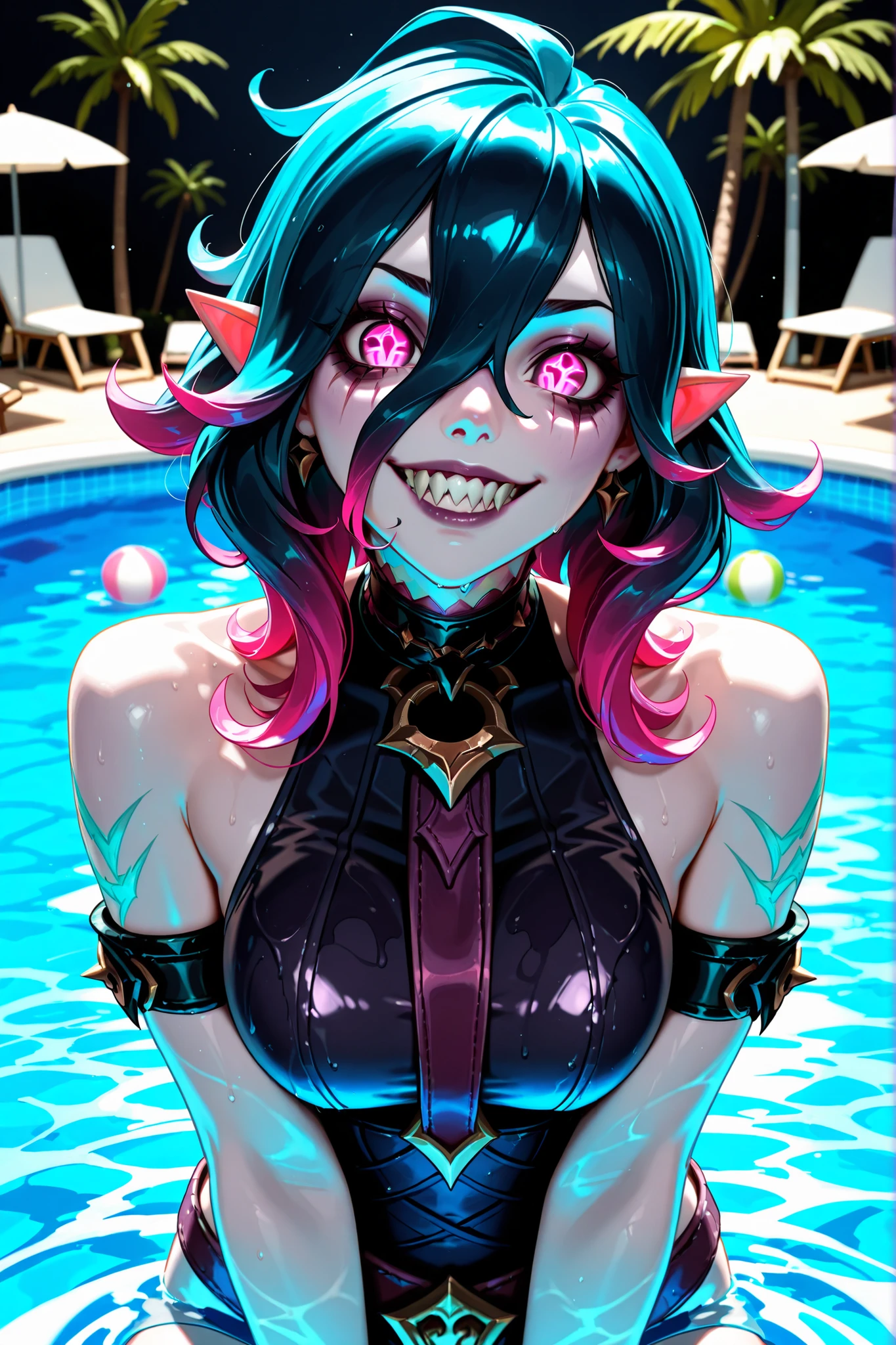 quality\(masterpiece, best quality,8K,非常に精細なCGユニットのwallpaper,High resolution,top-quality,top-quality real texture skin,Surreal,Increase the resolution,RAW Photos,最高quality,Very detailed,wallpaper\), break ,One girl\(Devil Girl,cute,Black Hair,(Blue Skin),Black bunny suit,pantyhose,Red Eye,Big eyes,Eyes Shining,Drinking blood,smile,Sharp teeth,Open your mouth,Blue Horn\), break ,background(outside,night,neon,Backstreets)