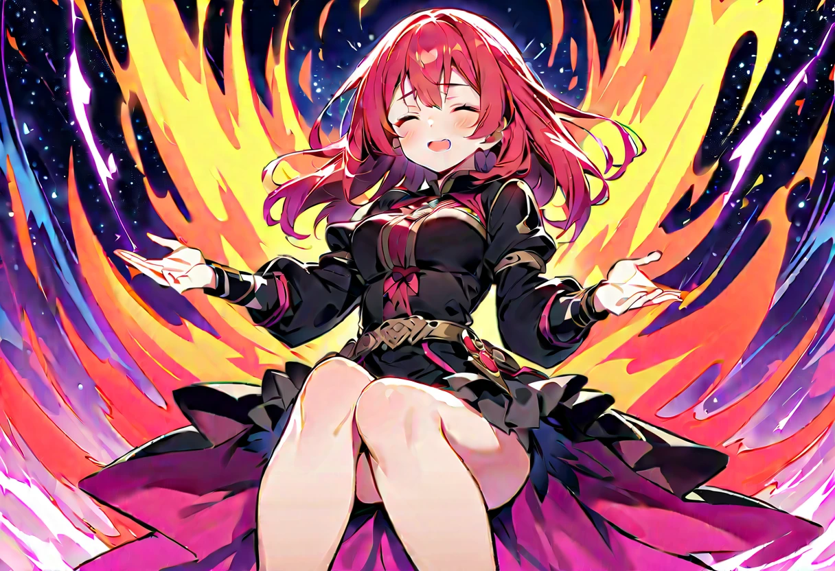 Cure happiness, skirt, Wrist cuff, shorts under skirt, boots, corruption, Hollow Eyes, Half closed eyes, Wicked Smile, There are no students, Crazy Smile, Open your mouth, girl2people,Blue and red accents, Dark Magical Girl,Black costume,Large Breasts(Huge breasts:1.8)