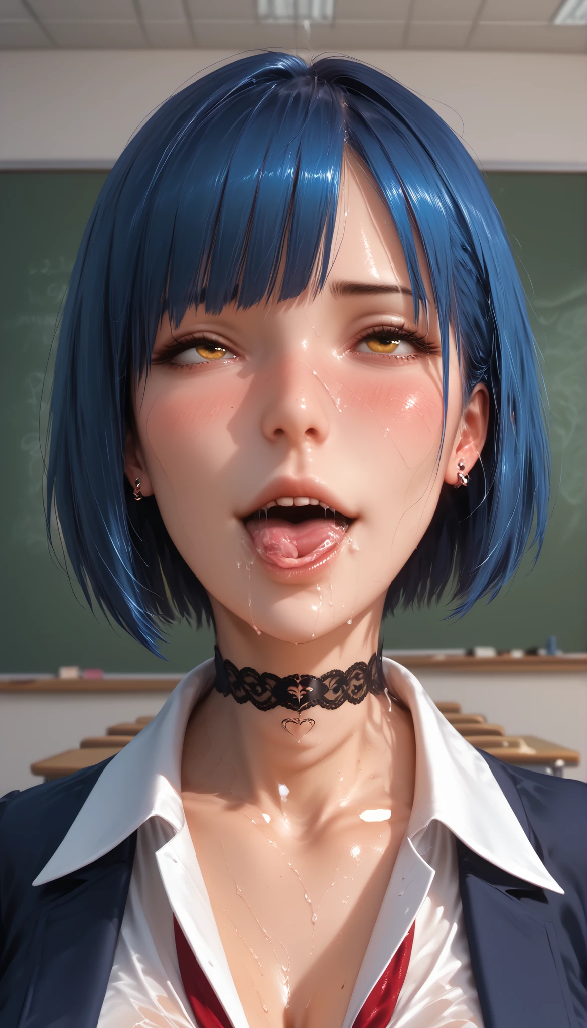1 girl, alone, 4k, best quality, high resolution, hyper realistic, masterpiece, best quality, detailed, realistic, unreal engine 5, detailed face, detailed skin,1 girl, solo, high resolution, masterpiece, best quality, detailed CG, detailed face, detailed skin, normal breasts, yellow eyes, navy blue hair, short hair, bob bangs, ear piercings, choker, blushing, smirk, shiny, beatiful face, sexy, hot, school uniform, classroom, beautiful, perfect body, narrow waist, 23 years old, Japanese, proportionate body, Very detailed foot, with light imperfections, very realistic skin, very realistic hair, more detailed face, more natural expressions, posing, shy expressions, looking away, very close, ahegao, sexy expression, saliva, rolling eyes, nsfw, orgams, pasionated face, 6 piercings around the hear, sexy shirt