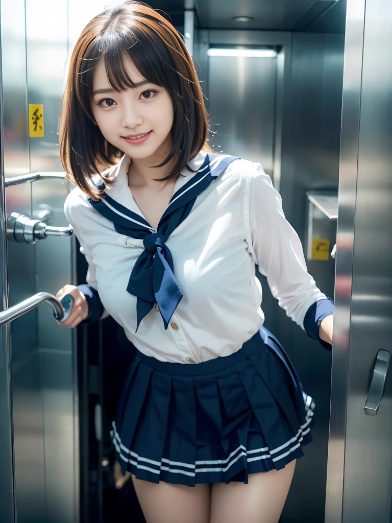 Highest quality、masterpiece、Ultra-high resolution、Clear photos、(RAW Photos:1.2)、(Sharp focus:1.3)、(stand:1.2)、elegant、(Full body photo:1.2)、(A beautiful girl in a delicate sailor uniform and pleated skirt.:1.3)、very cute、(smile:1.3)、(Makes hair shine:1.3)、 Brown haired、(Very short hair:1.6)、 Short pleated skirt、Beautiful and delicate eyes、 View your audience、(Lift up your skirt:1.8)、スカートの下のWhite pantiesをこっそり撮影、White panties:1.8